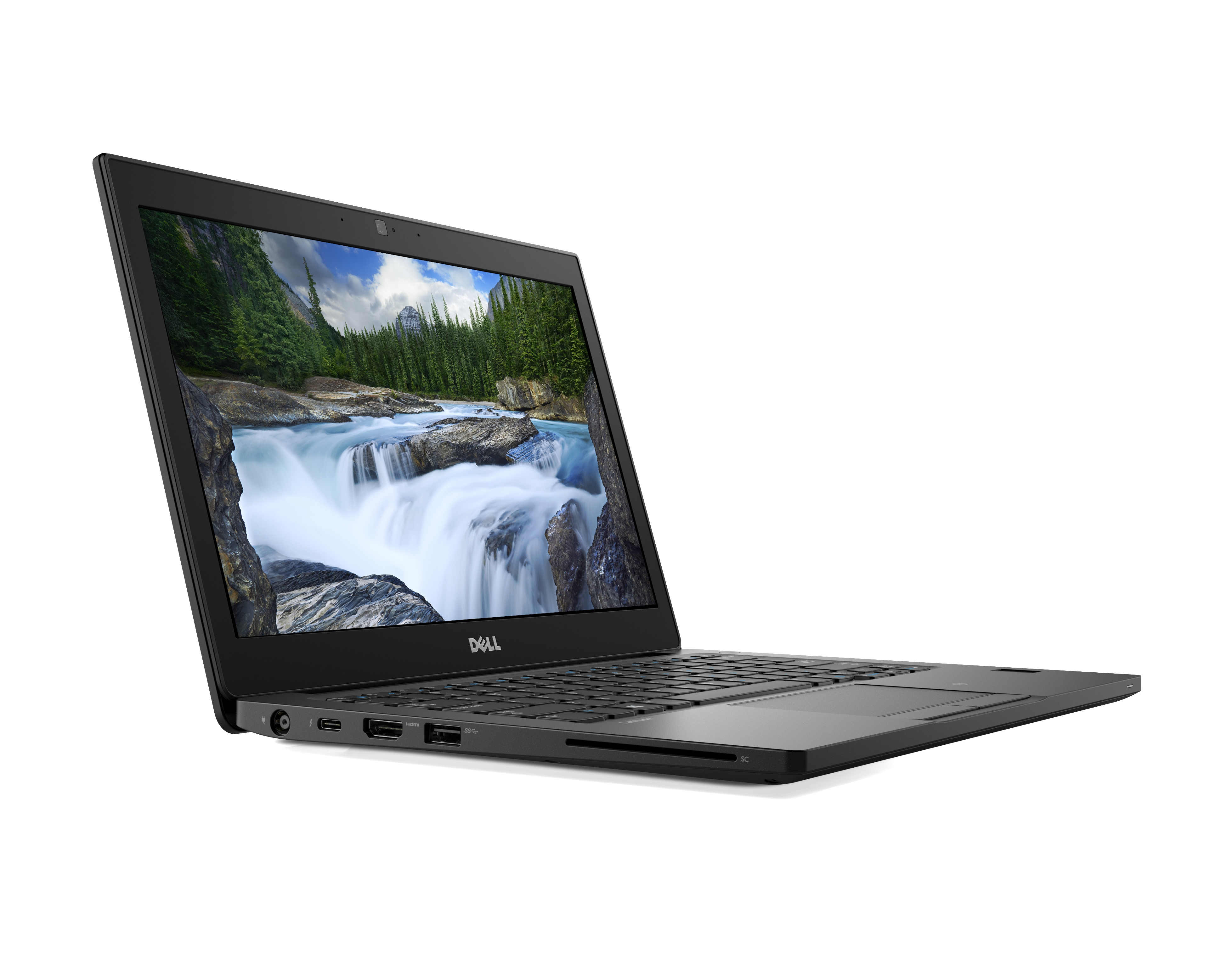 Ein schwarzer Laptop offen, zeigt eine Wasserfallszene auf dem Bildschirm, weißer Hintergrund.
