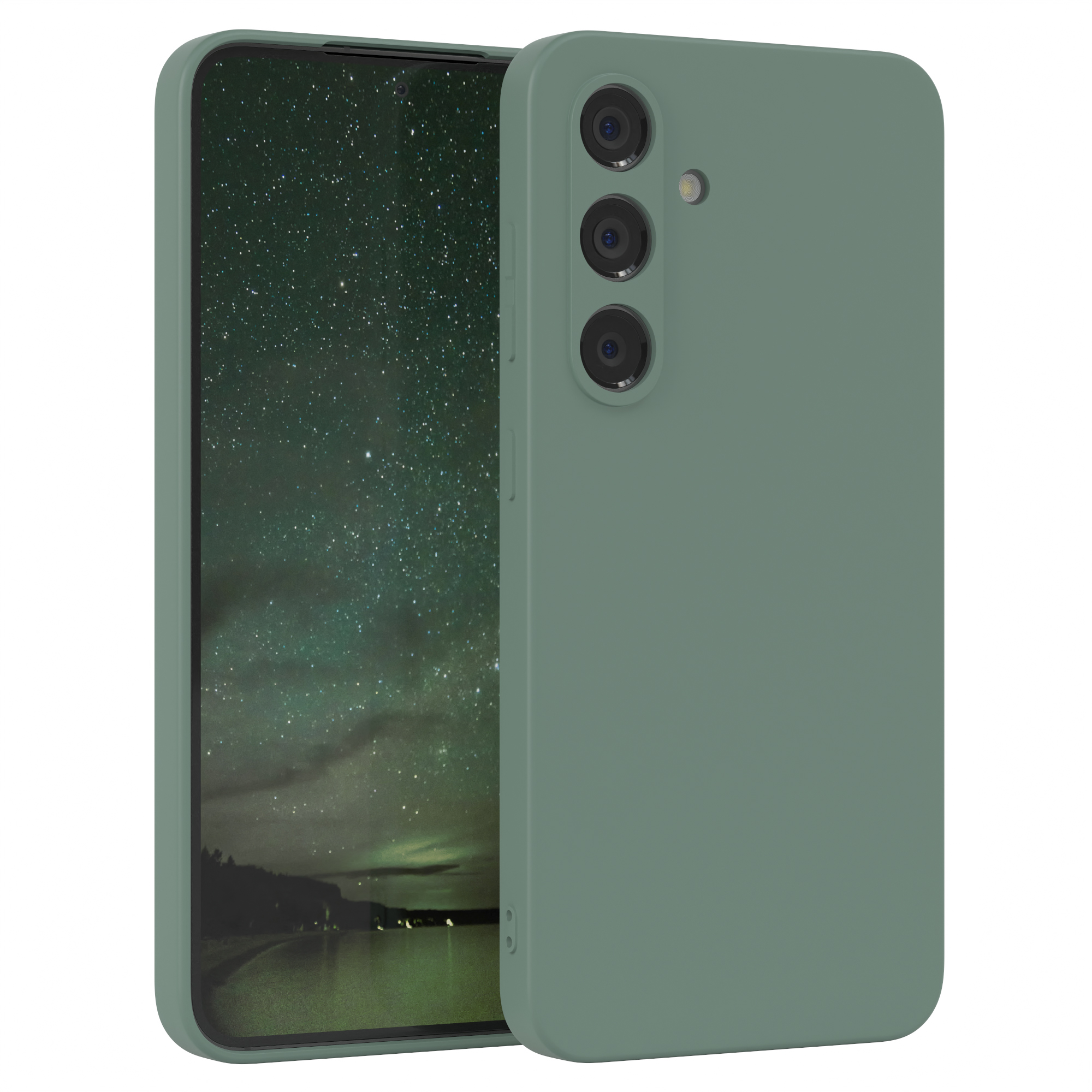 Salbeigrünes Smartphone mit drei Rückkameras. Ein Telefon steht, das andere liegt.