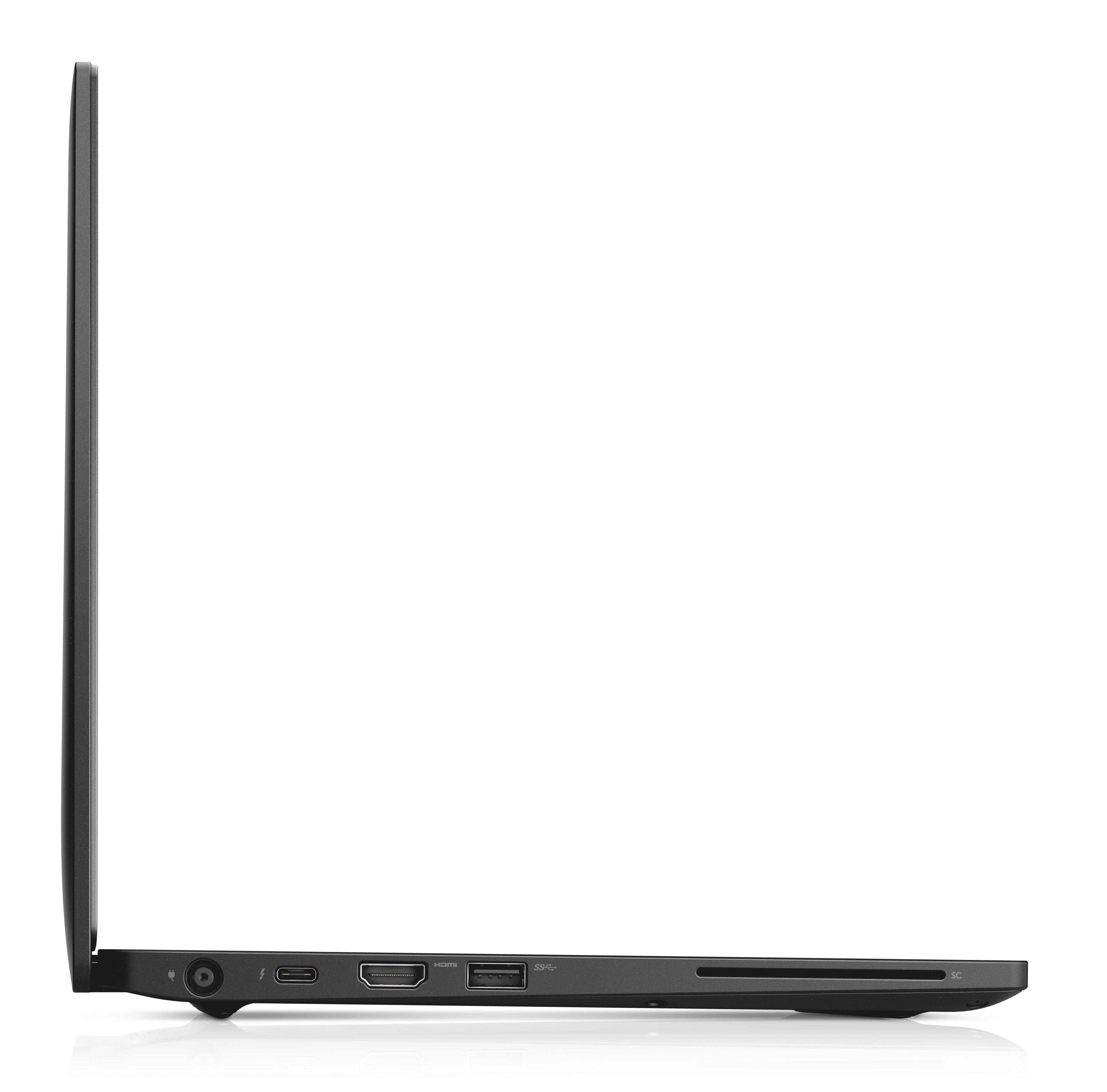 Seitenansicht eines schwarzen Laptops mit sichtbaren Anschlüssen und Verbindungen.