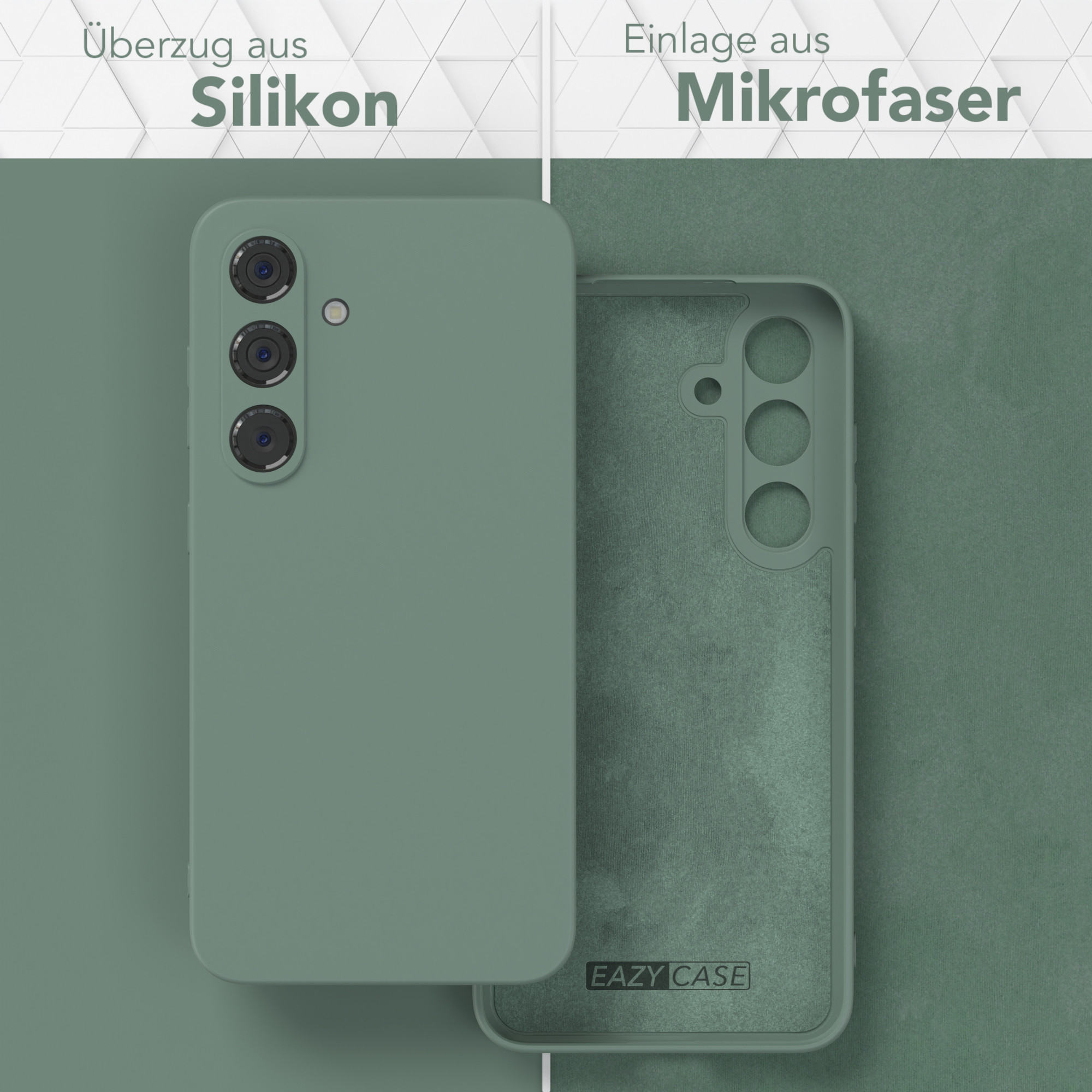 Grüne Handyhülle mit grüner Silikonaußenseite und Mikrofaser-Innenseite, mit dem EAZY CASE Logo.