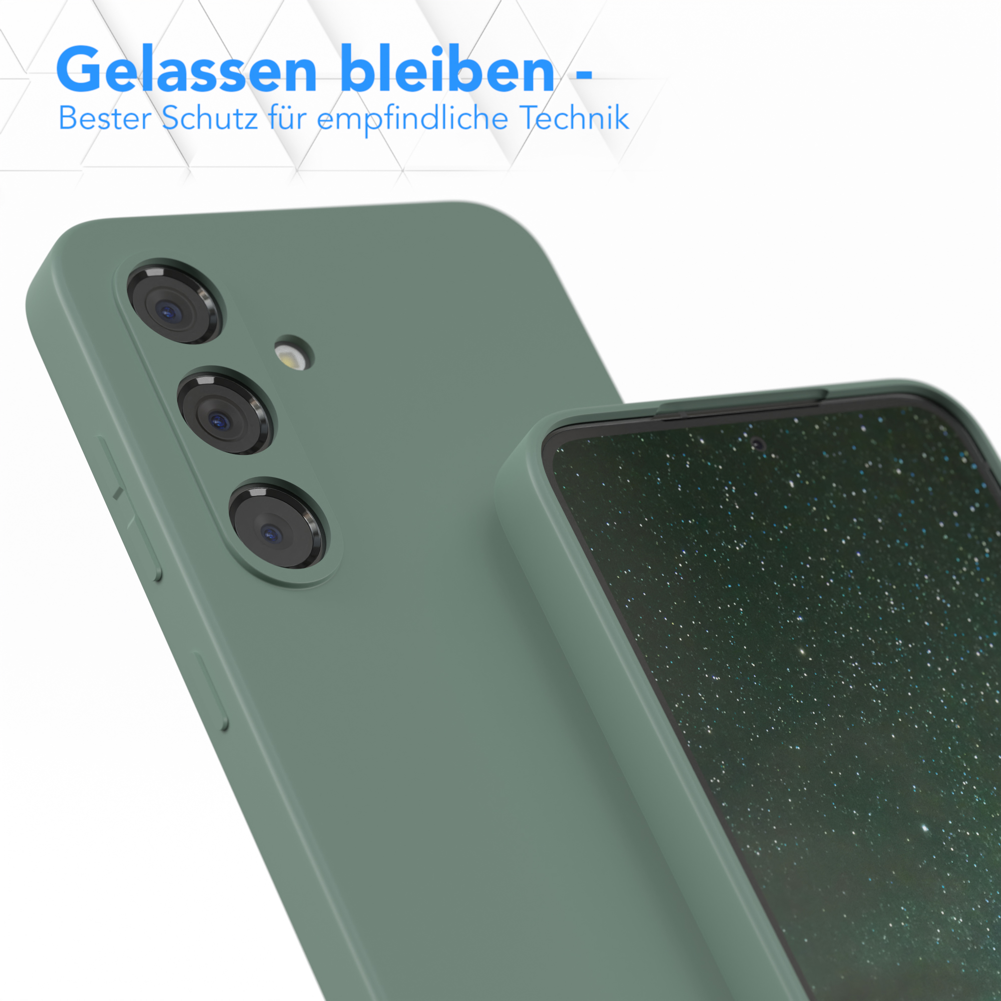 Zwei Handyhüllen. Eine ist auf einem Telefon. Die andere daneben. Beide sind grün.