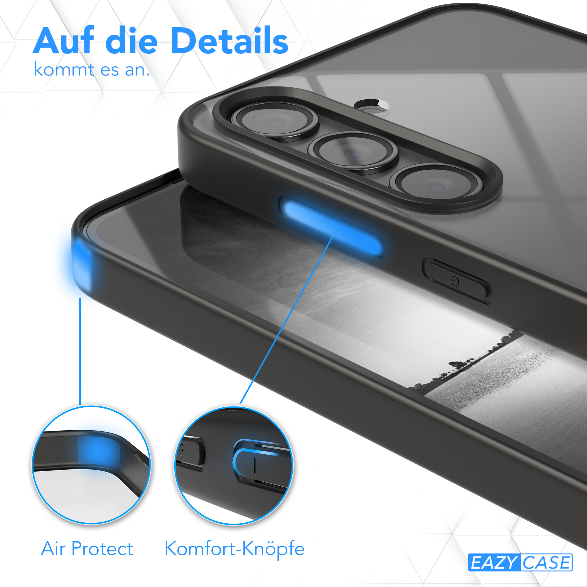 Nahaufnahme einer Handyhülle mit Knöpfen und Anschlüssen, die mit blauem Licht hervorgehoben werden.
