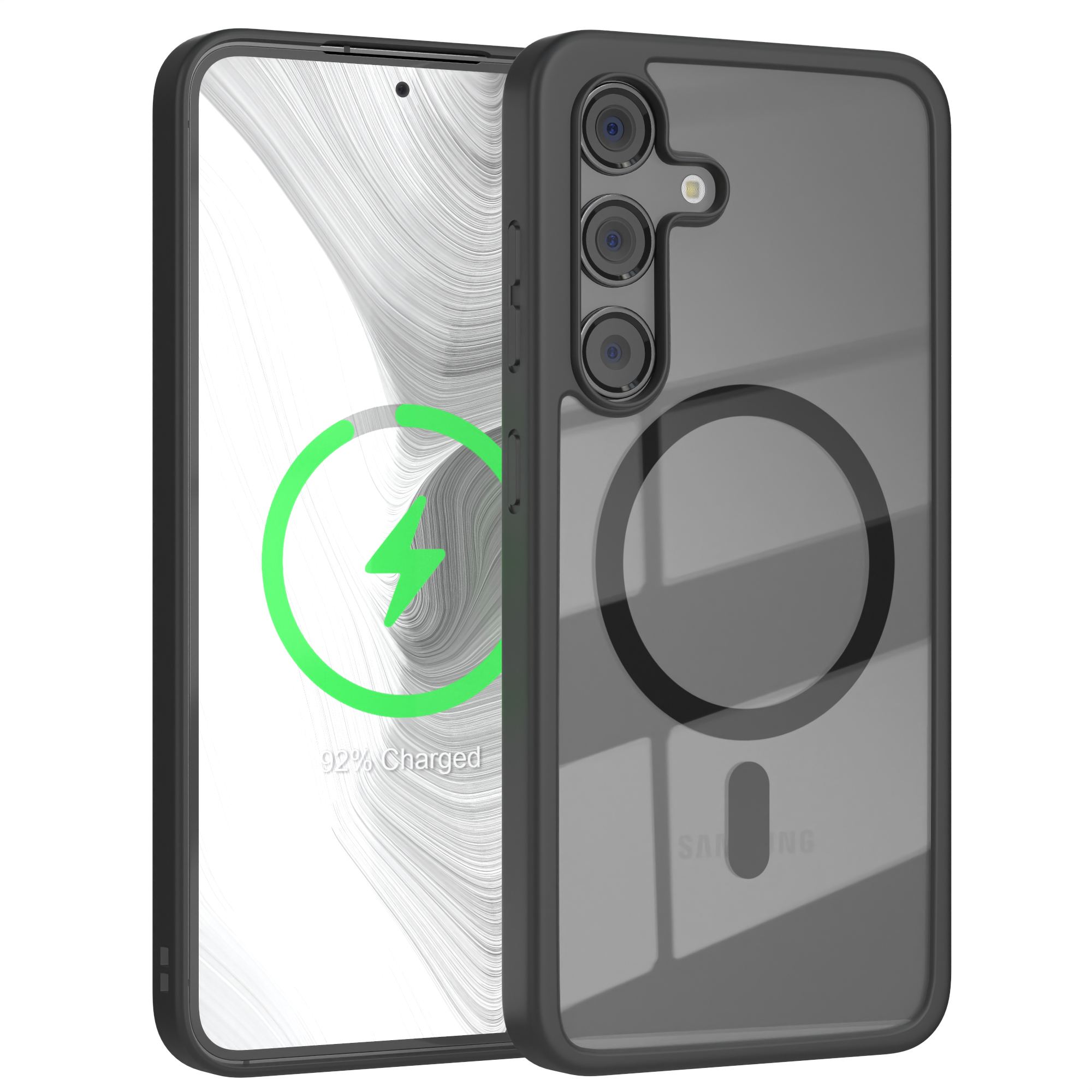 Schwarze Handyhülle mit Telefon innen. Das Telefon zeigt ein Ladesymbol. Die Hülle hat einen Ring auf der Rückseite.