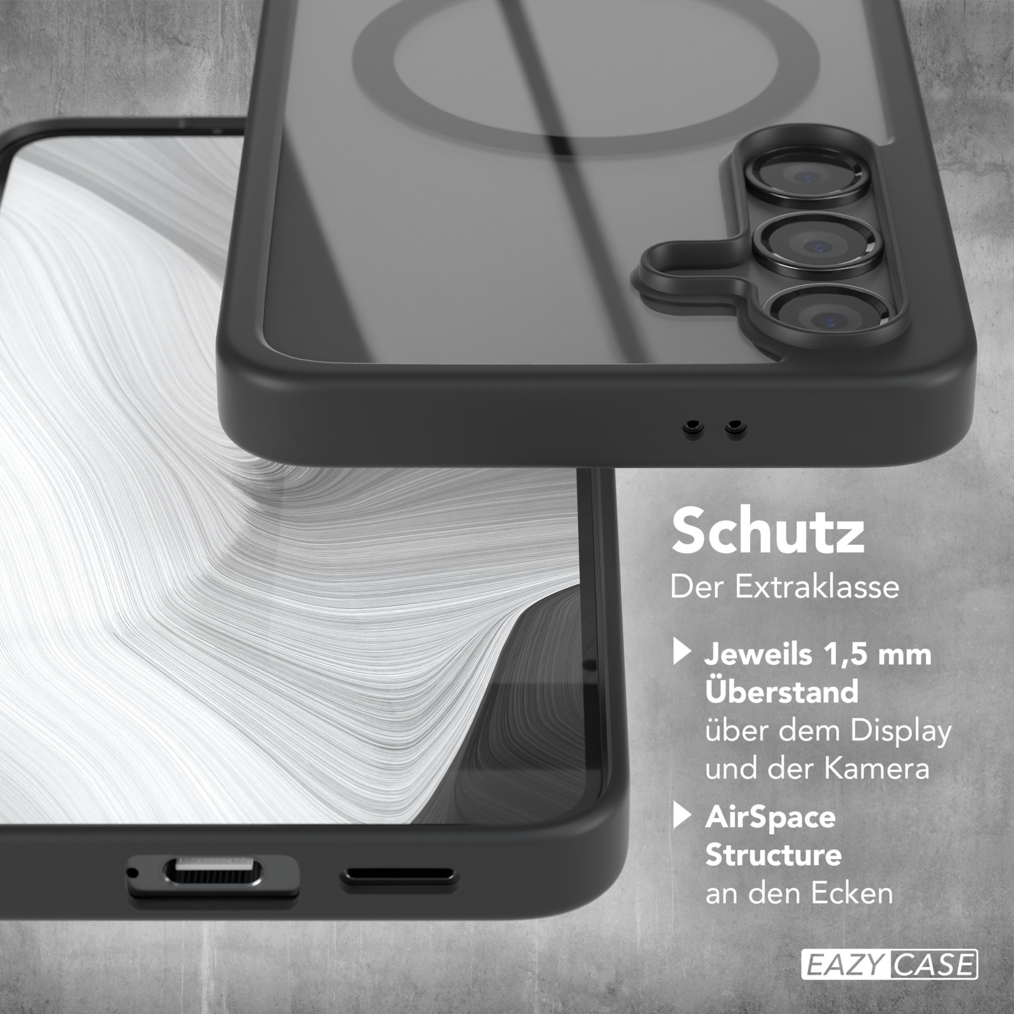Schwarze Handyhülle mit schwarzem Rand und transparenter Rückseite, auf strukturierter grauer Oberfläche.