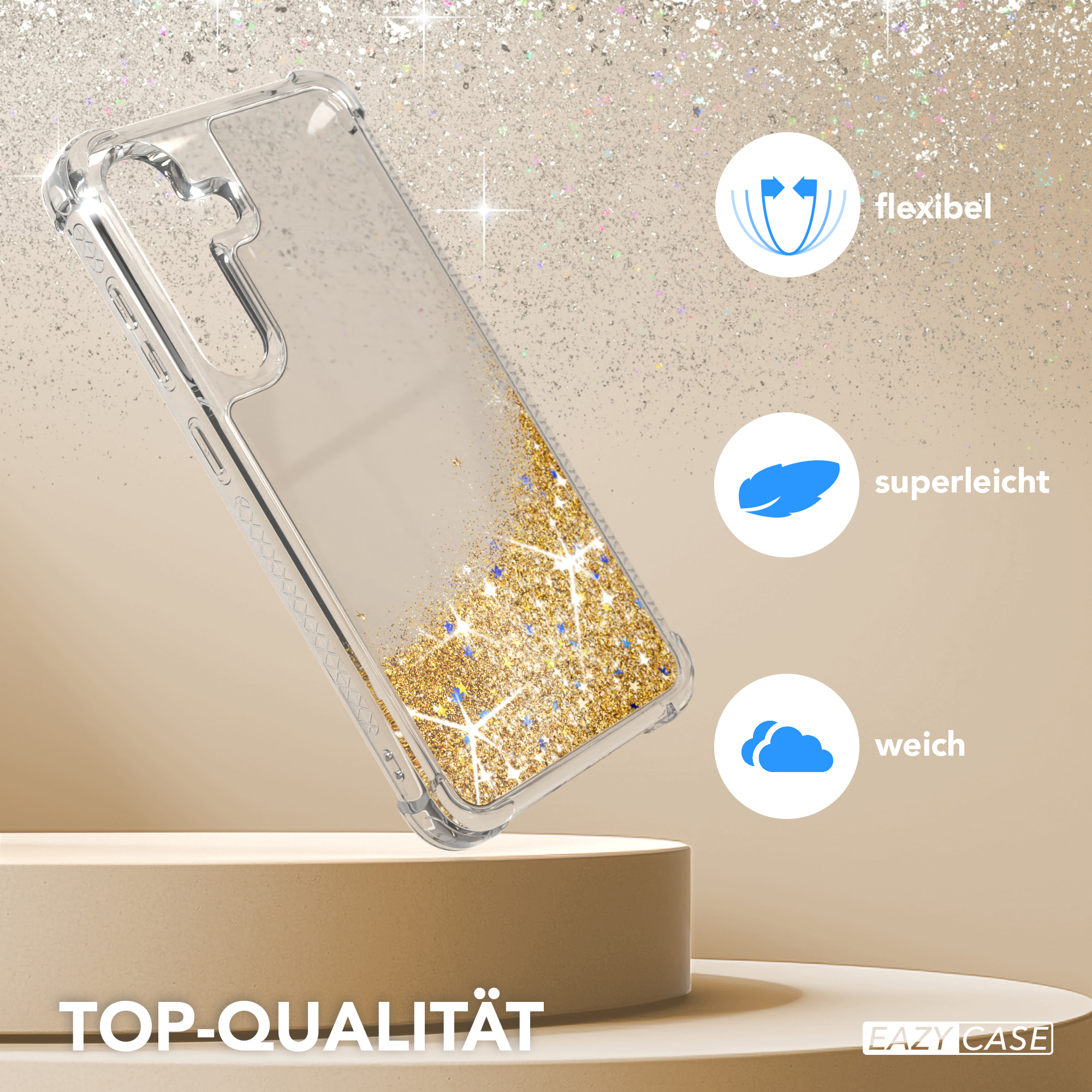 Eine transparente Handyhülle mit goldenem Glitzer, auf einem beigefarbenen Ständer mit Text und Symbolen.
