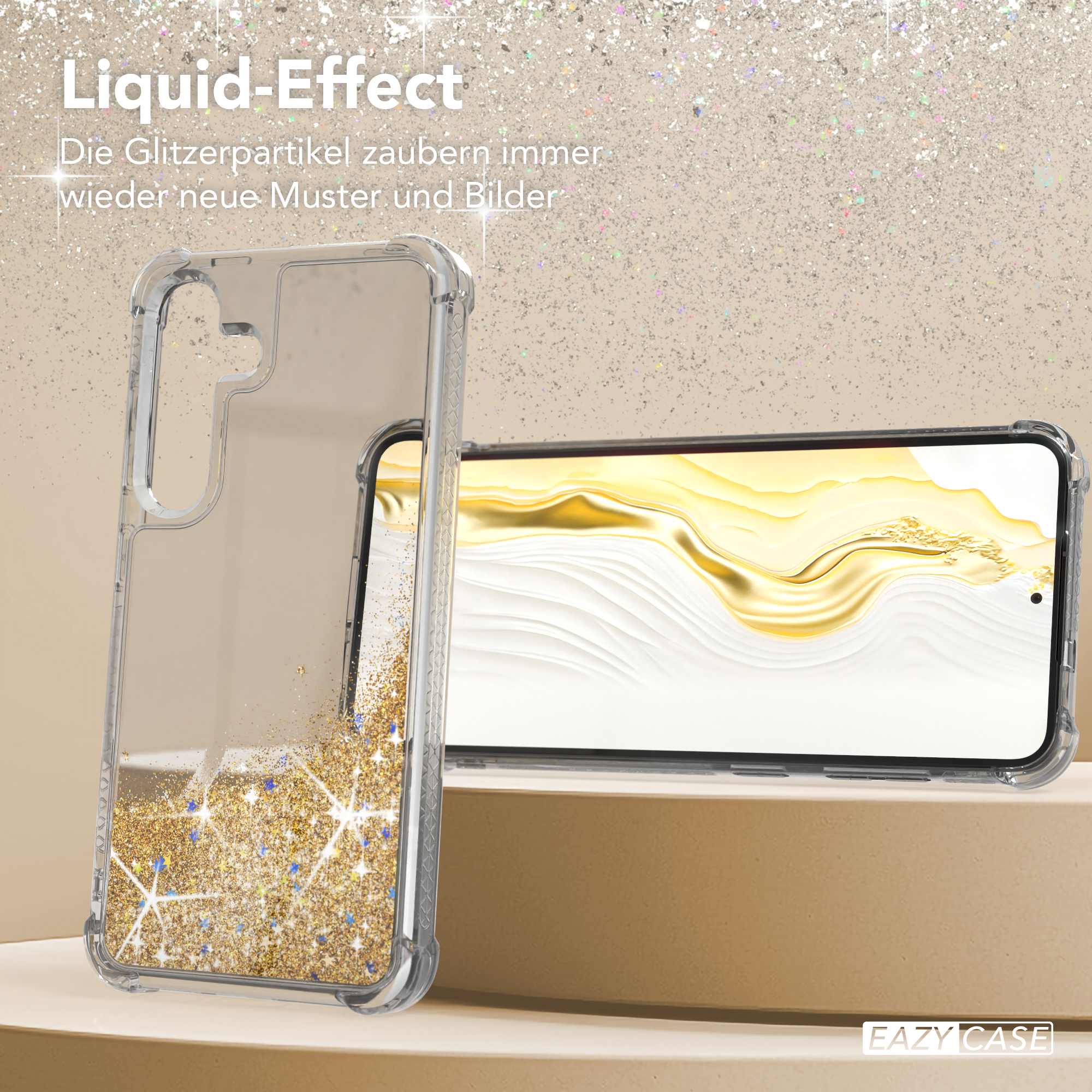 Klare Handyhülle mit goldenem Glitzer und einem Telefon darin, auf goldenem Hintergrund mit Glitzer.
