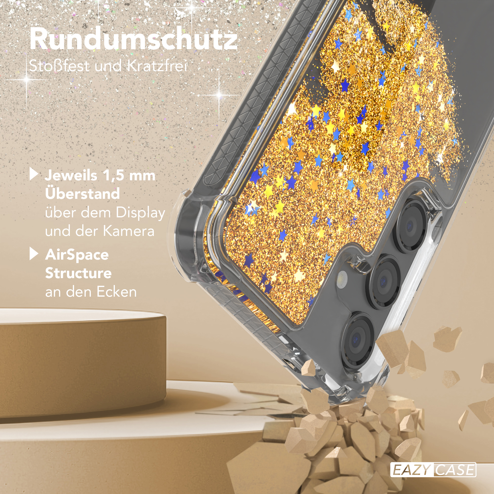 Nahaufnahme einer Handyhülle mit goldenem Glitzer und Sternen. Die Hülle liegt auf einer braunen Oberfläche.
