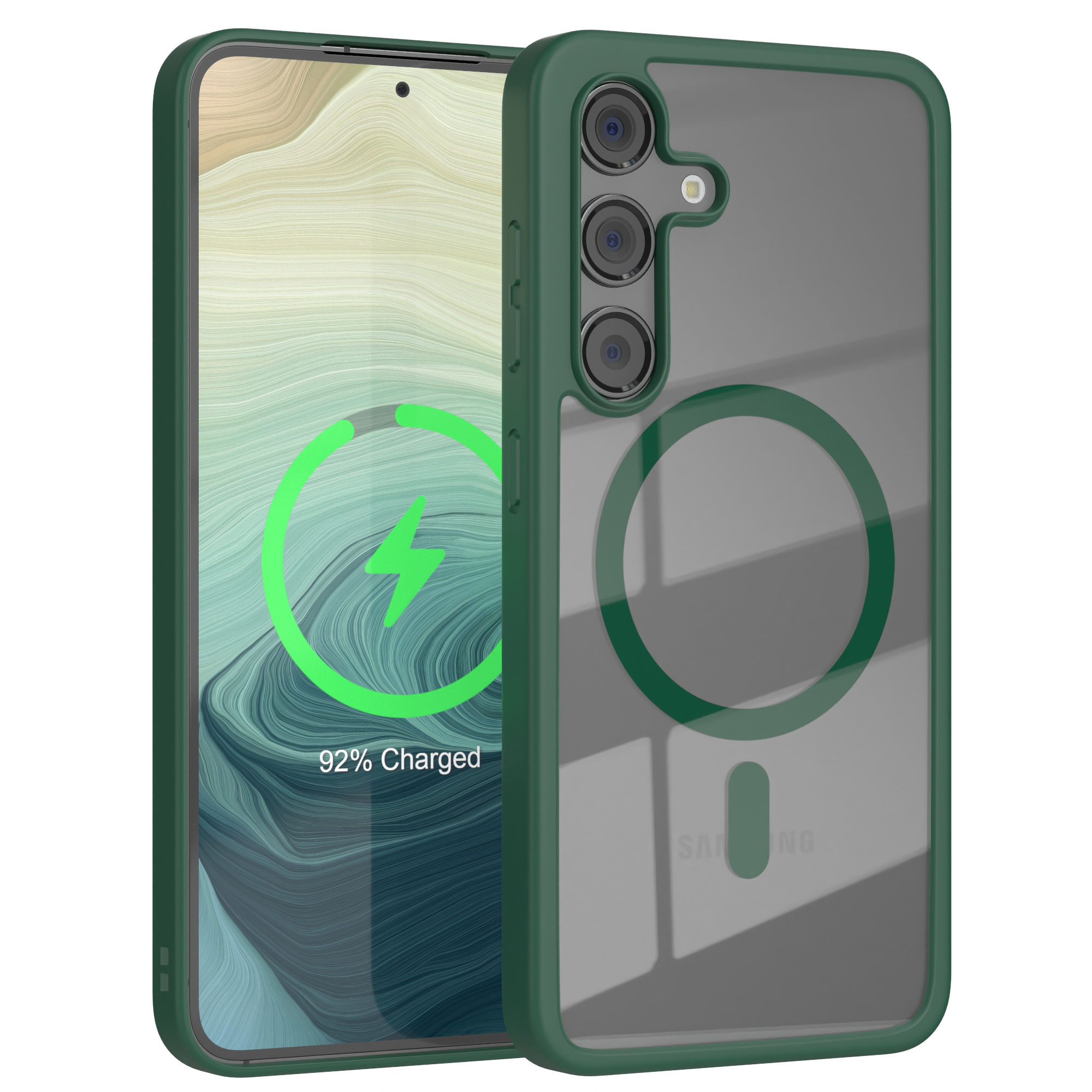 Eine grüne Handyhülle mit MagSafe-Ring auf einem Telefon. Das Telefon zeigt 92% geladen an.