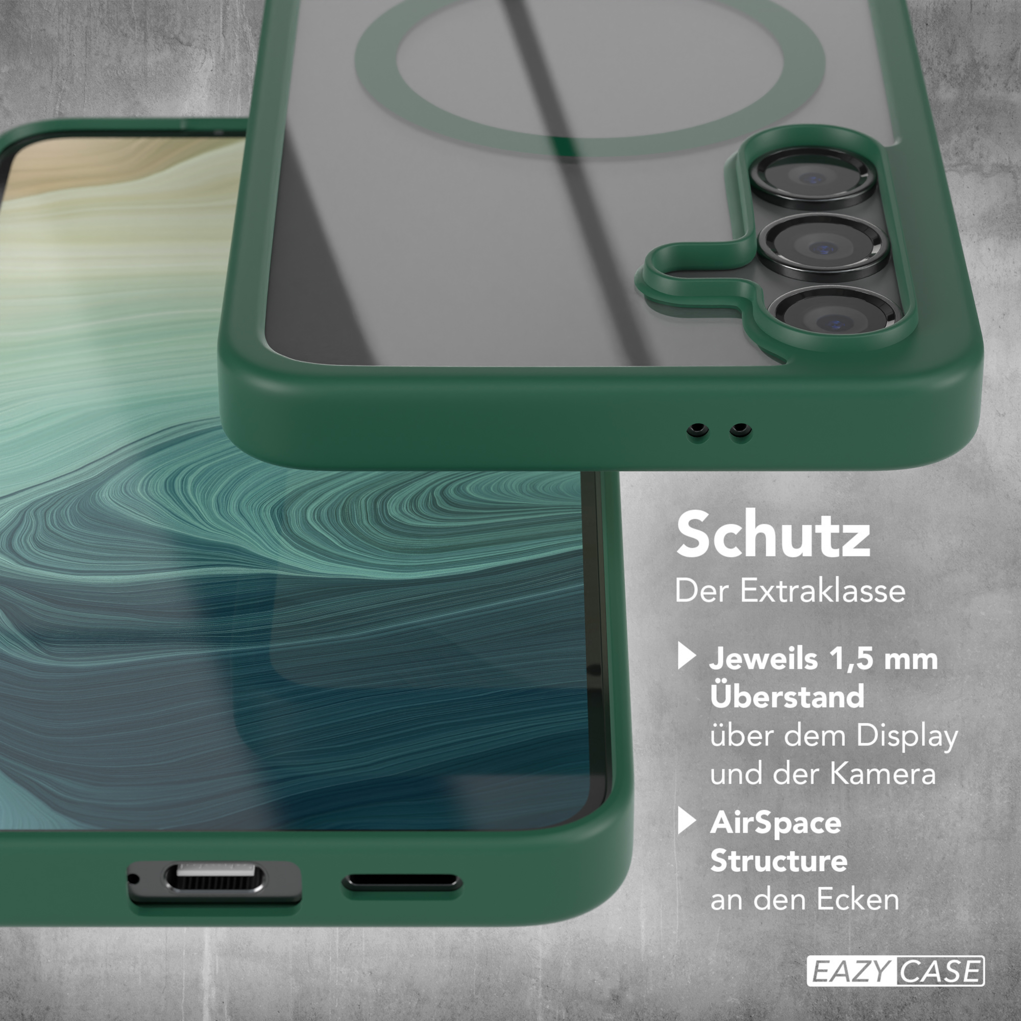 Grüne Handyhülle auf einem Telefon. Text: Schutz. 1,5 mm über Display und Kamera. AirSpace-Struktur.