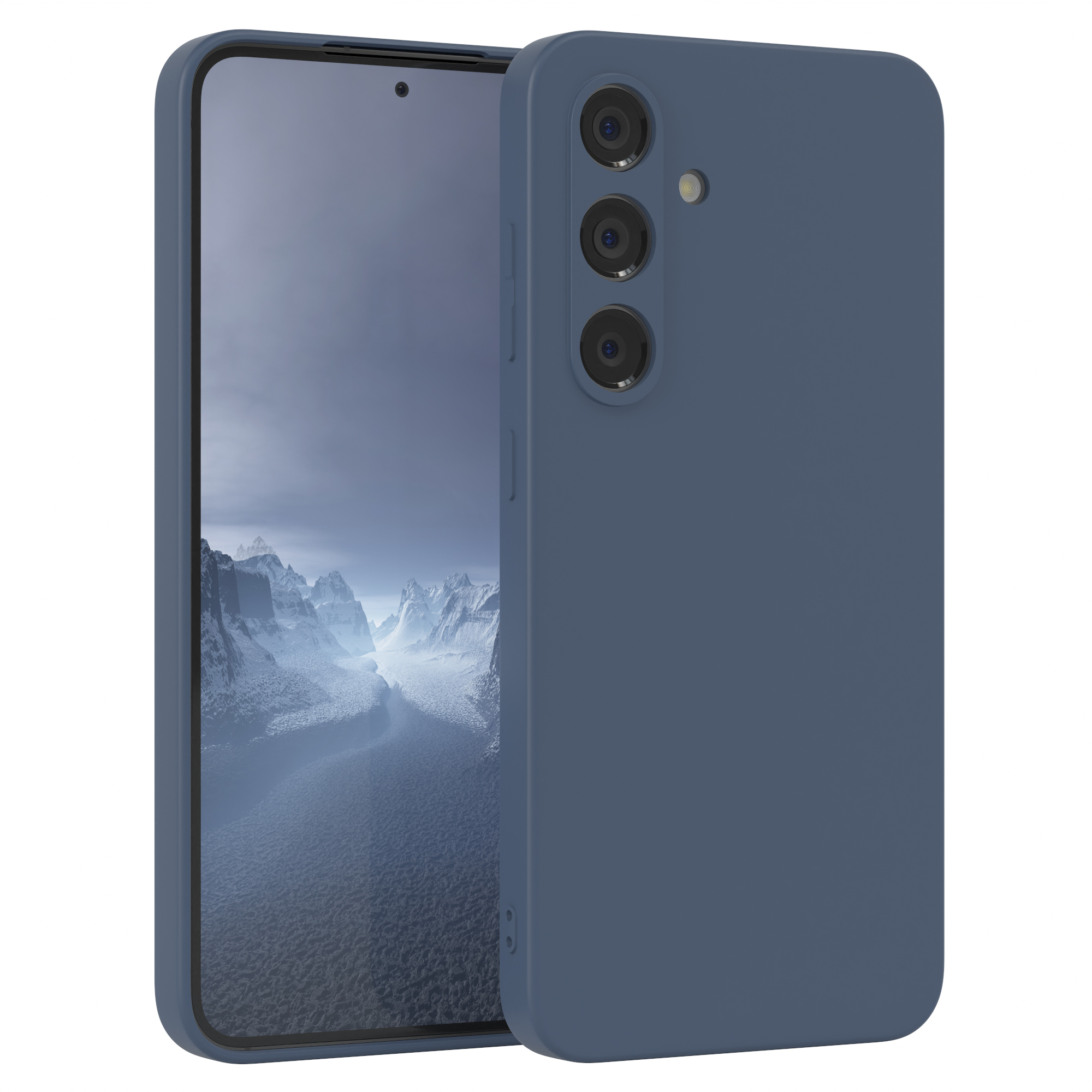 Ein blaues Telefon mit einer blauen Handyhülle, der Bildschirm zeigt einen schneebedeckten Berg.