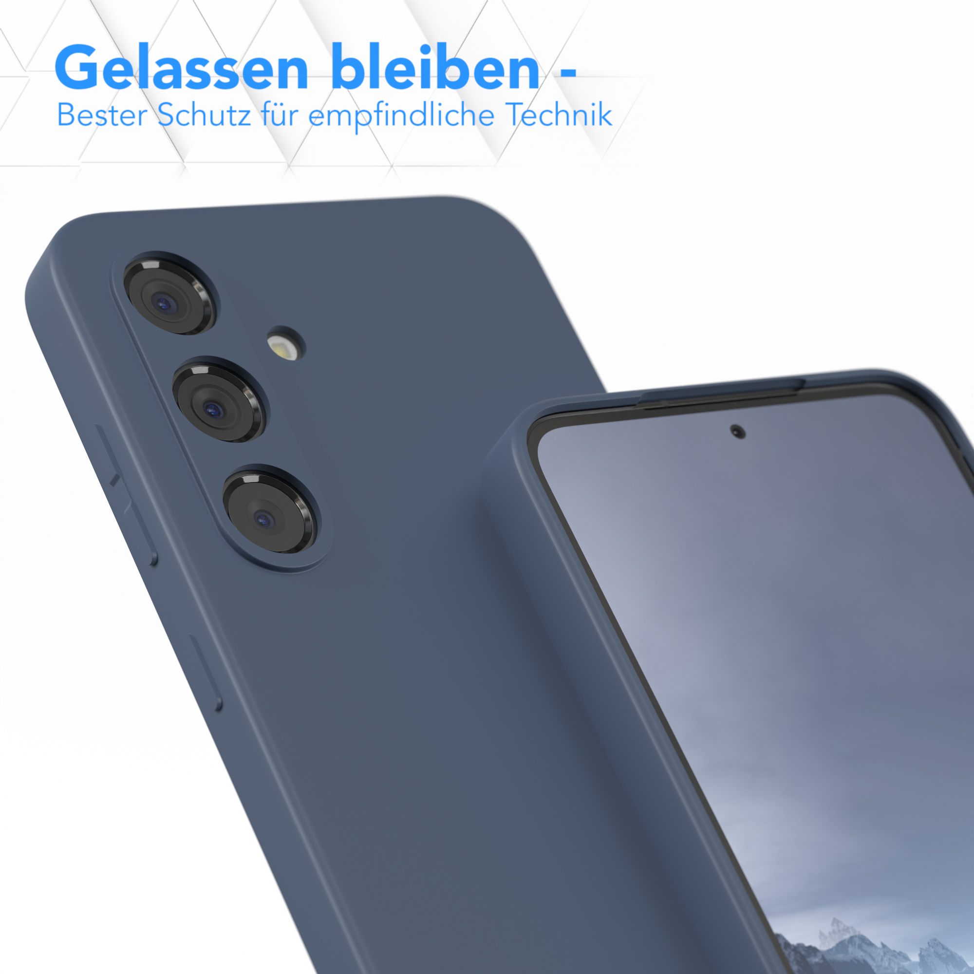 Eine blaue Handyhülle mit einem Telefon darin. Die Hülle befindet sich neben einer anderen Hülle auf weißem Hintergrund.