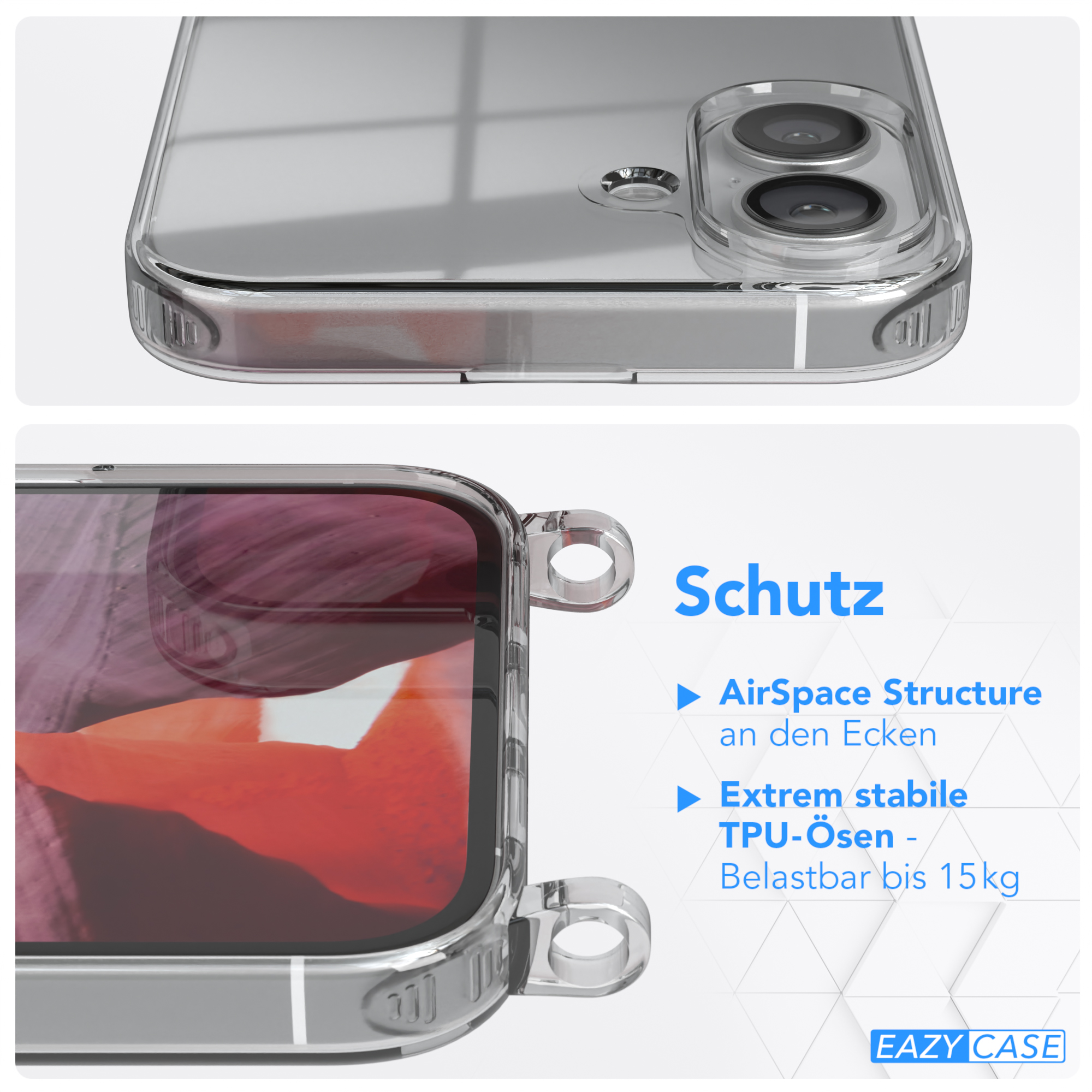 Nahaufnahme einer transparenten Handyhülle. Zeigt ein Telefon in der Hülle und Schutzfunktionen.
