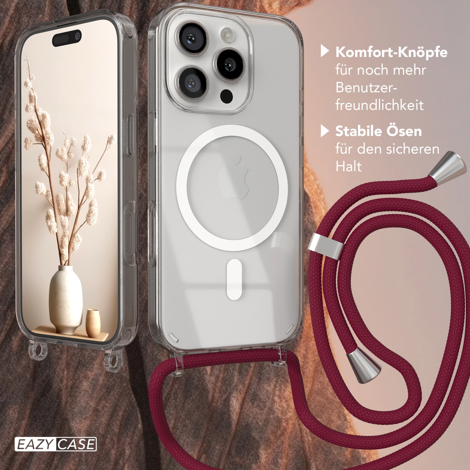 Eine transparente Handyhülle mit Gurt, eine Vase mit Blumen und ein unscharfer Hintergrund.