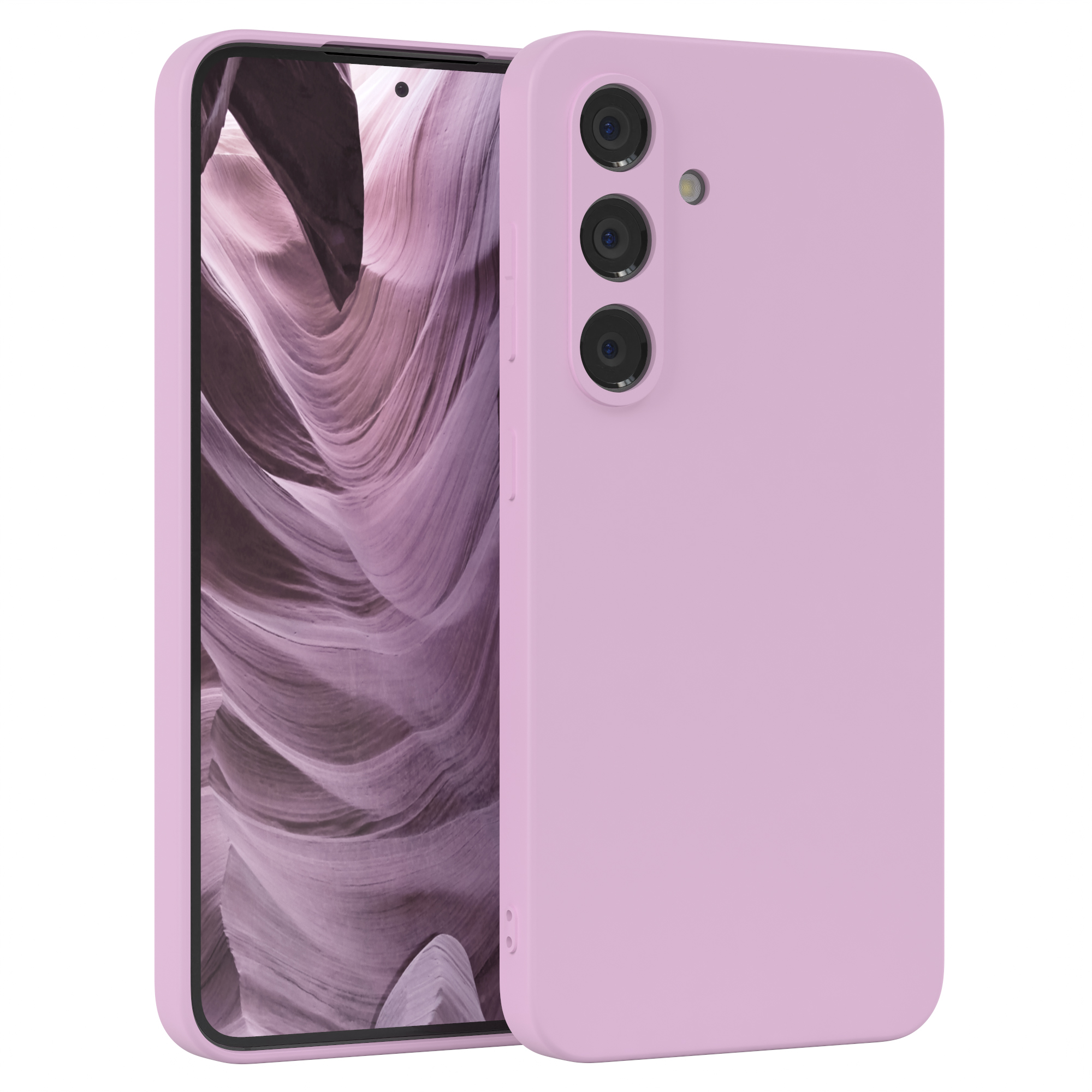 Eine pinkfarbene Handyhülle und ein Telefon, das Telefon hat drei Kameras auf der Rückseite, auf weißem Hintergrund.