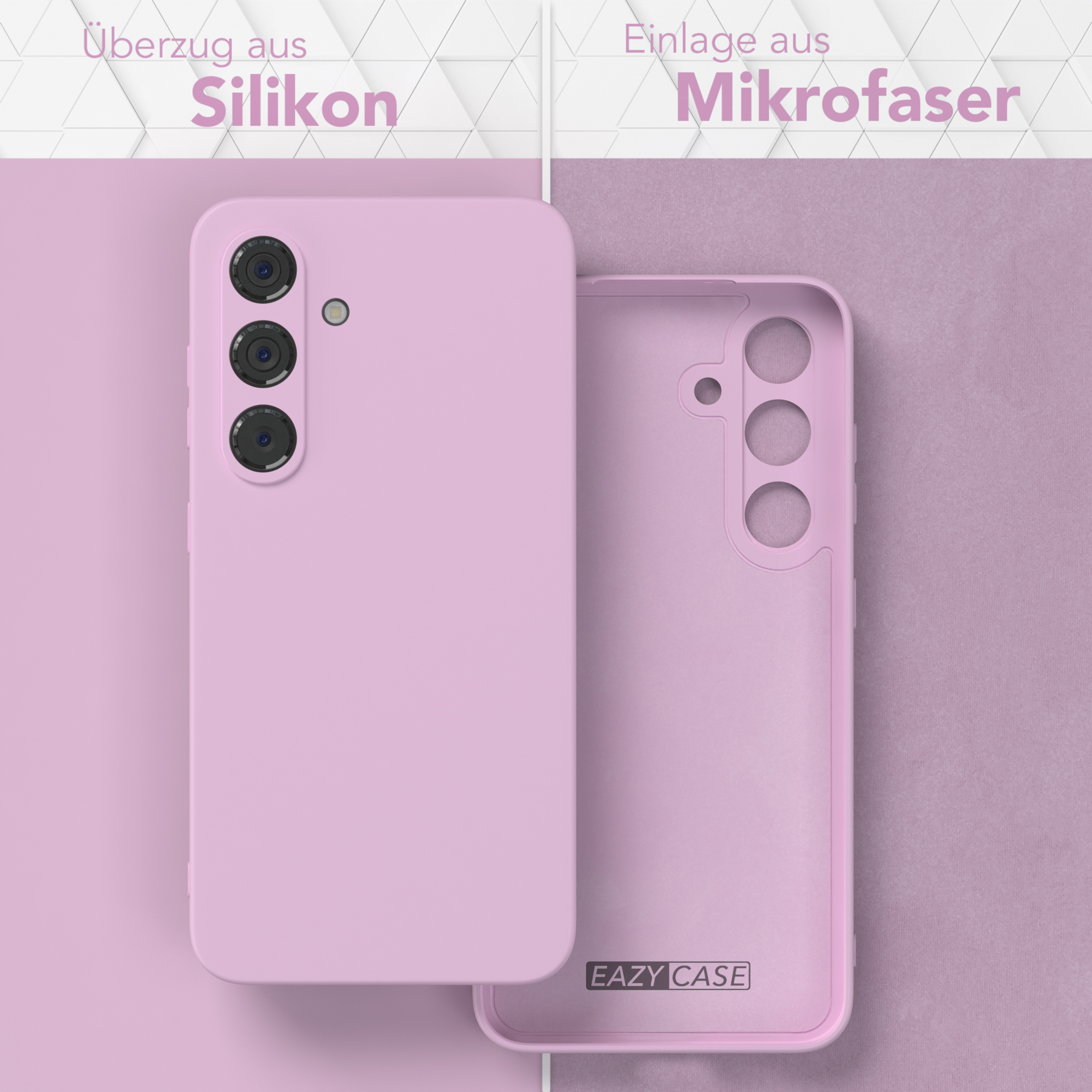 Eine rosa Handyhülle mit drei Kameralinsen. Die Hülle ist offen und zeigt ein Mikrofaser-Innenfutter.