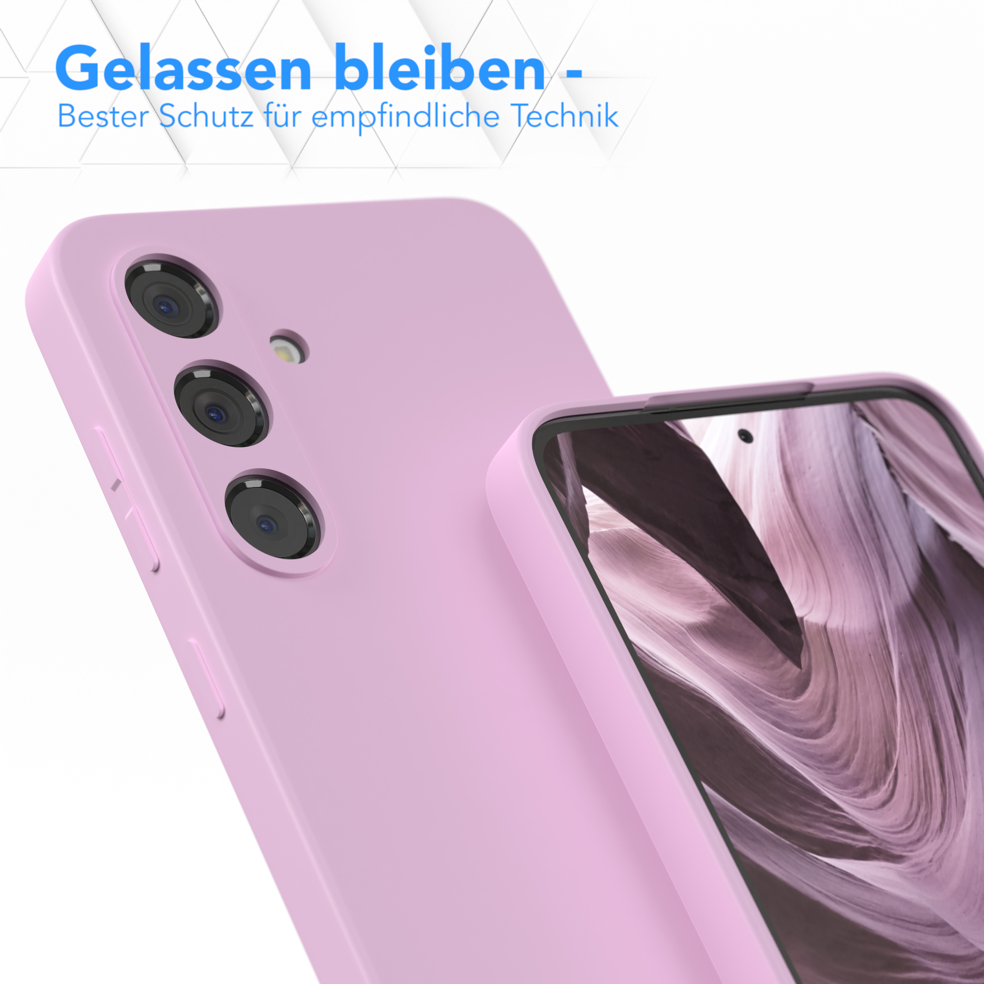 Zwei pinke Handyhüllen; eine mit Telefon, die andere leer. Text: Gelassen bleiben - Bester Schutz...