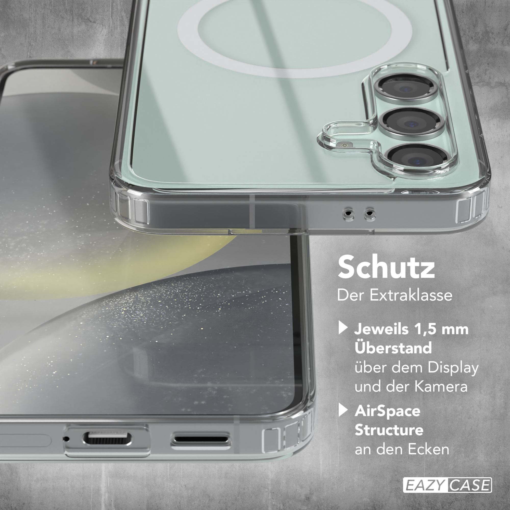 Handyhülle: Transparente Hülle mit Kameraausschnitt. Zeigt Schutzfunktionen und Markenlogo.