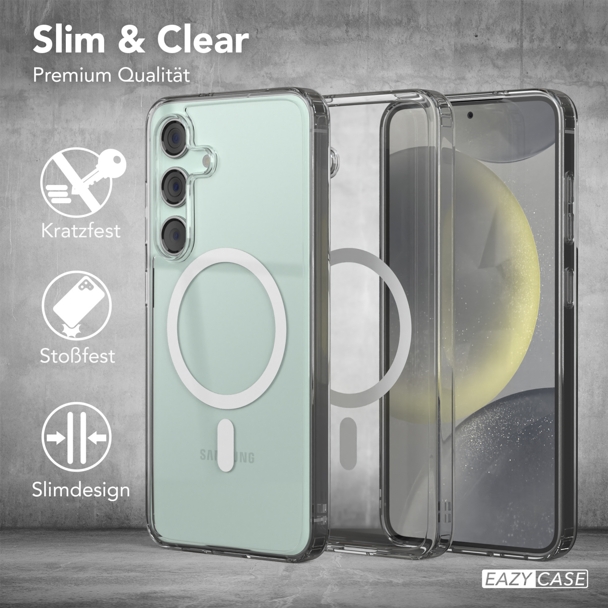 Drei Handyhüllen: eine in Mint, zwei transparent, zeigen ein Telefon. Text: 'Slim & Clear', 'Eazy Case' & Icons.