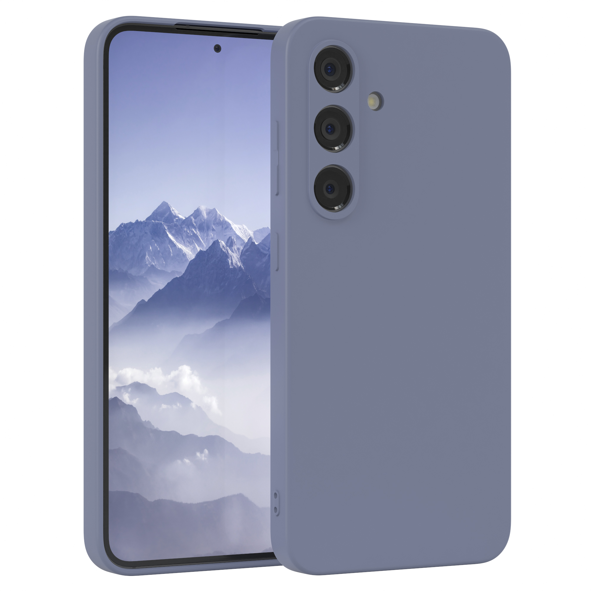 Blaues Telefon mit drei Kameras, neben einer blauen Handyhülle. Weißer Hintergrund.