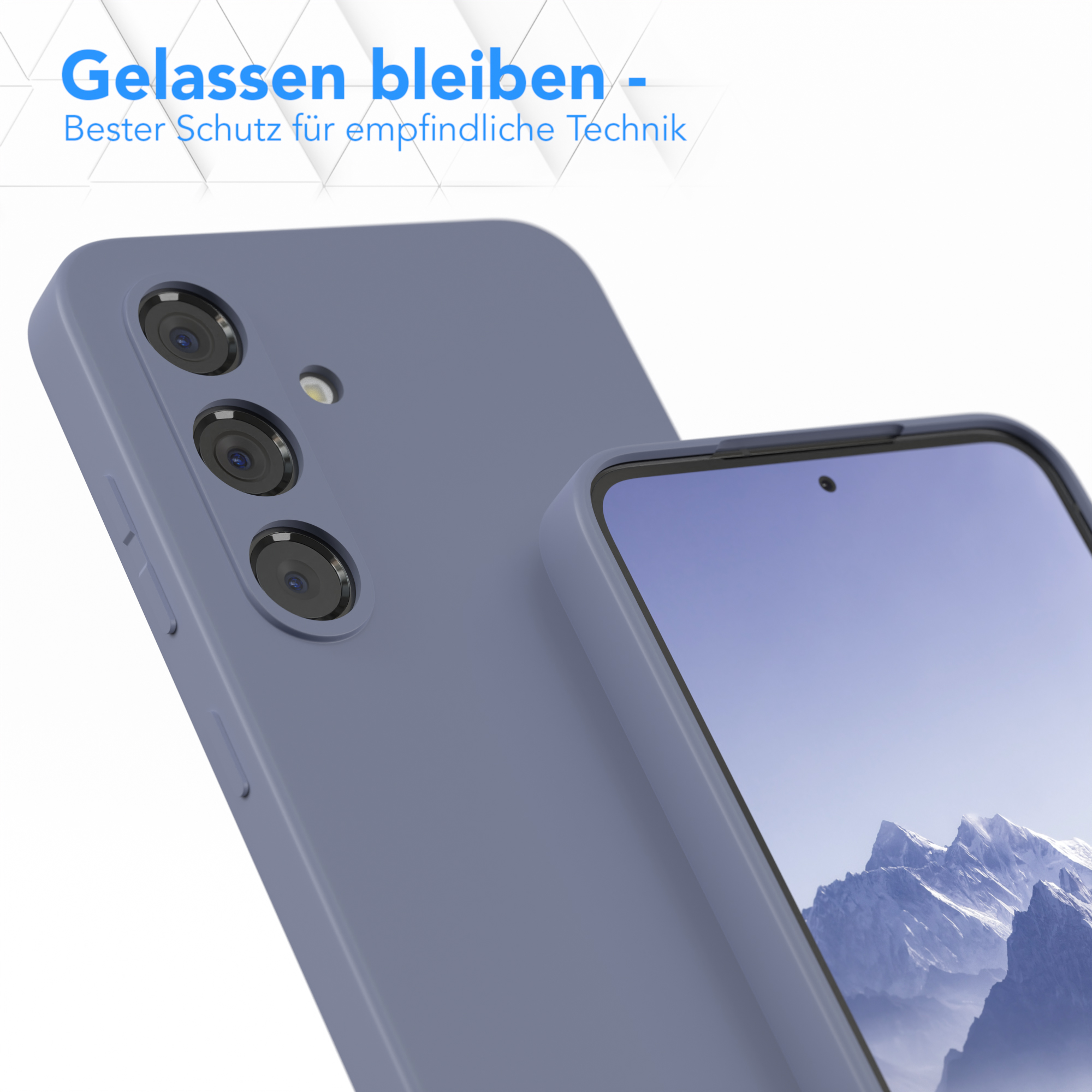 Eine blaue Handyhülle, die ein Telefon schützt. Der Text oben lautet 'Gelassen bleiben' (Ruhe bewahren).