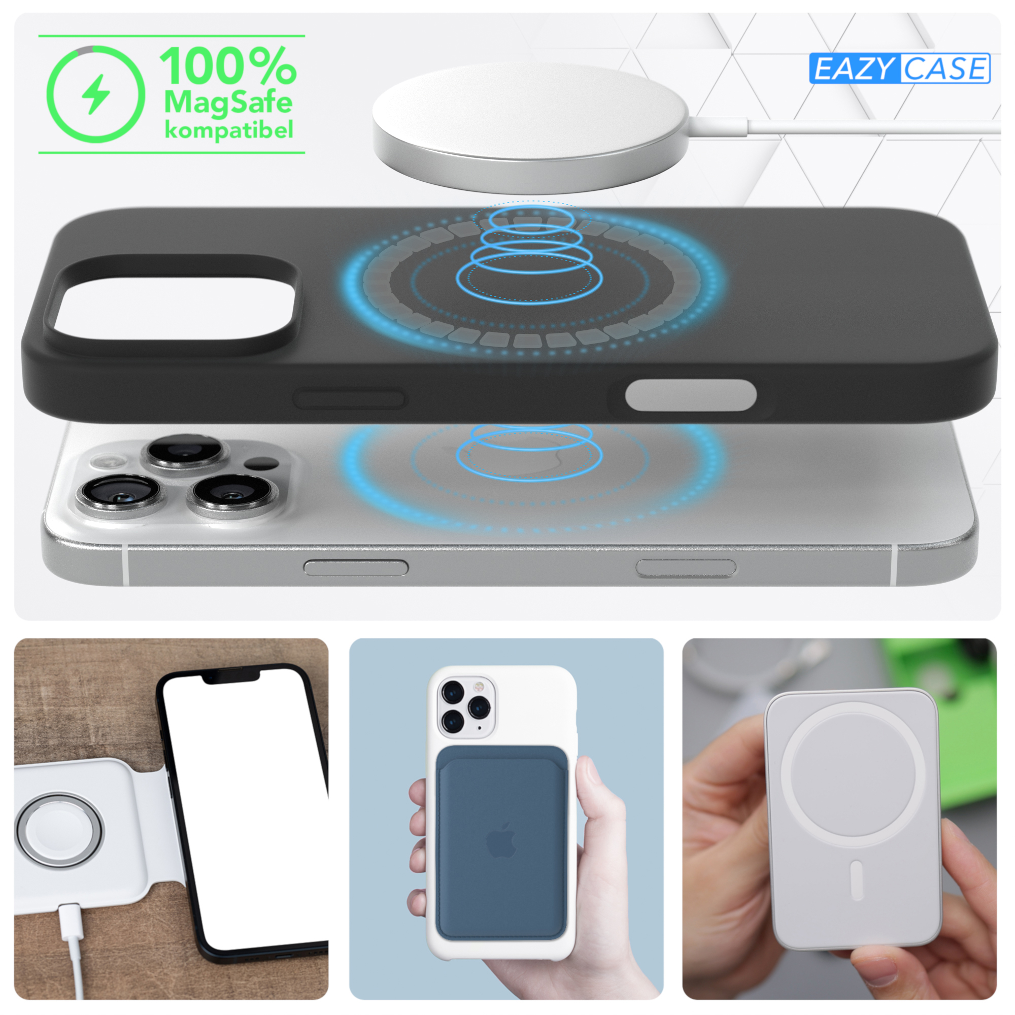 Schwarze Handyhülle mit MagSafe-Funktionen, Telefon und Ladegerät. Text: 100 % MagSafe-kompatibel.