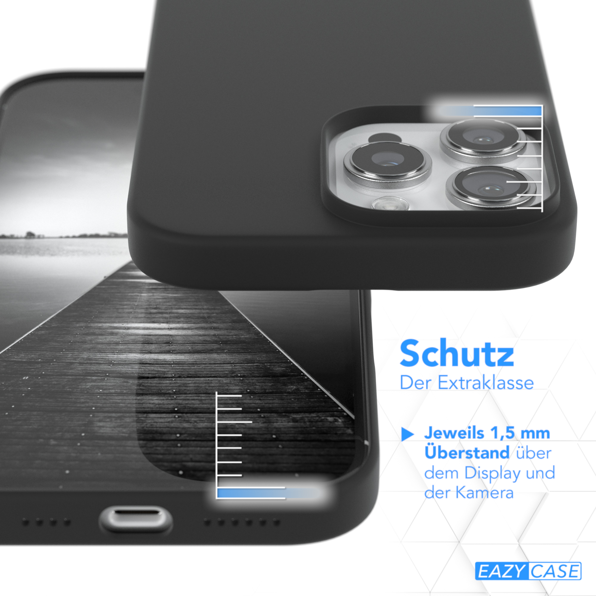 Schwarze Handyhülle auf weißem Hintergrund. Text sagt "Schutz Der Extraklasse" und zeigt ein Telefon.