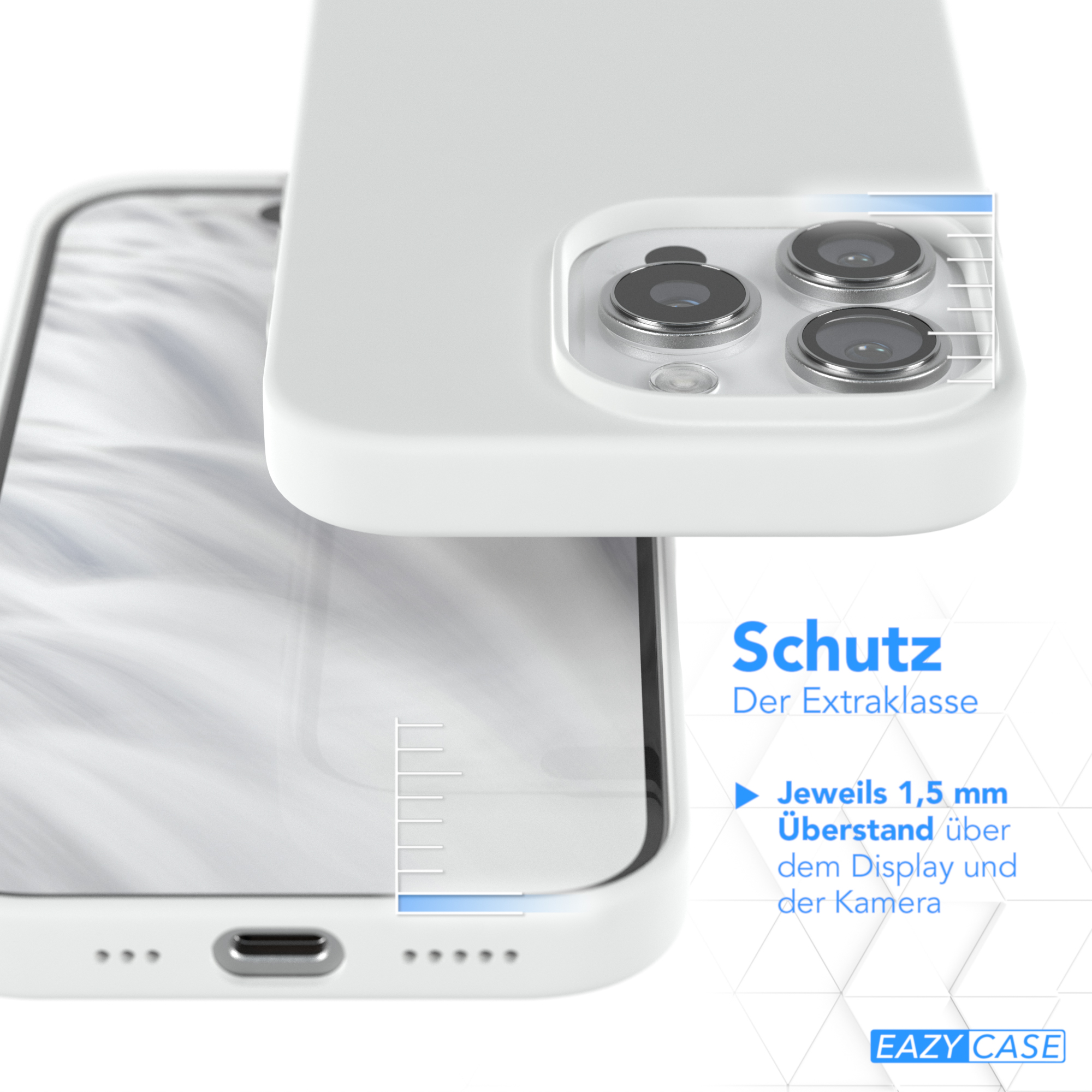 Weiße Handyhülle, die ein Telefon mit drei Kameras zeigt, mit Text, der Schutz anzeigt.