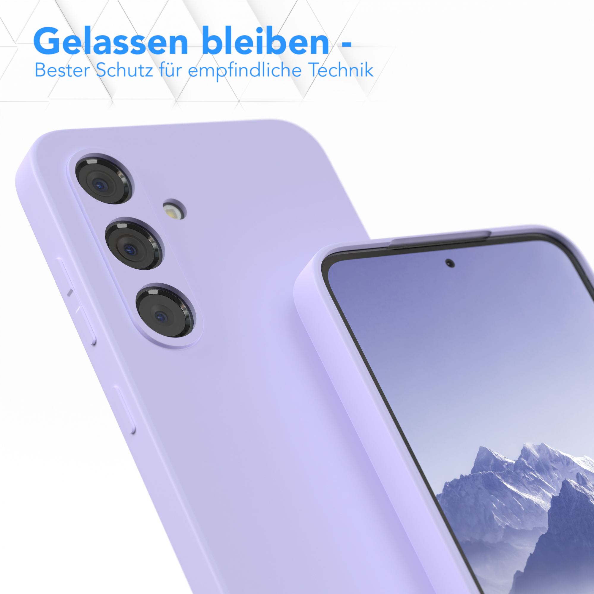 Eine lilafarbene Handyhülle mit Rückseite und Kameralinsen.