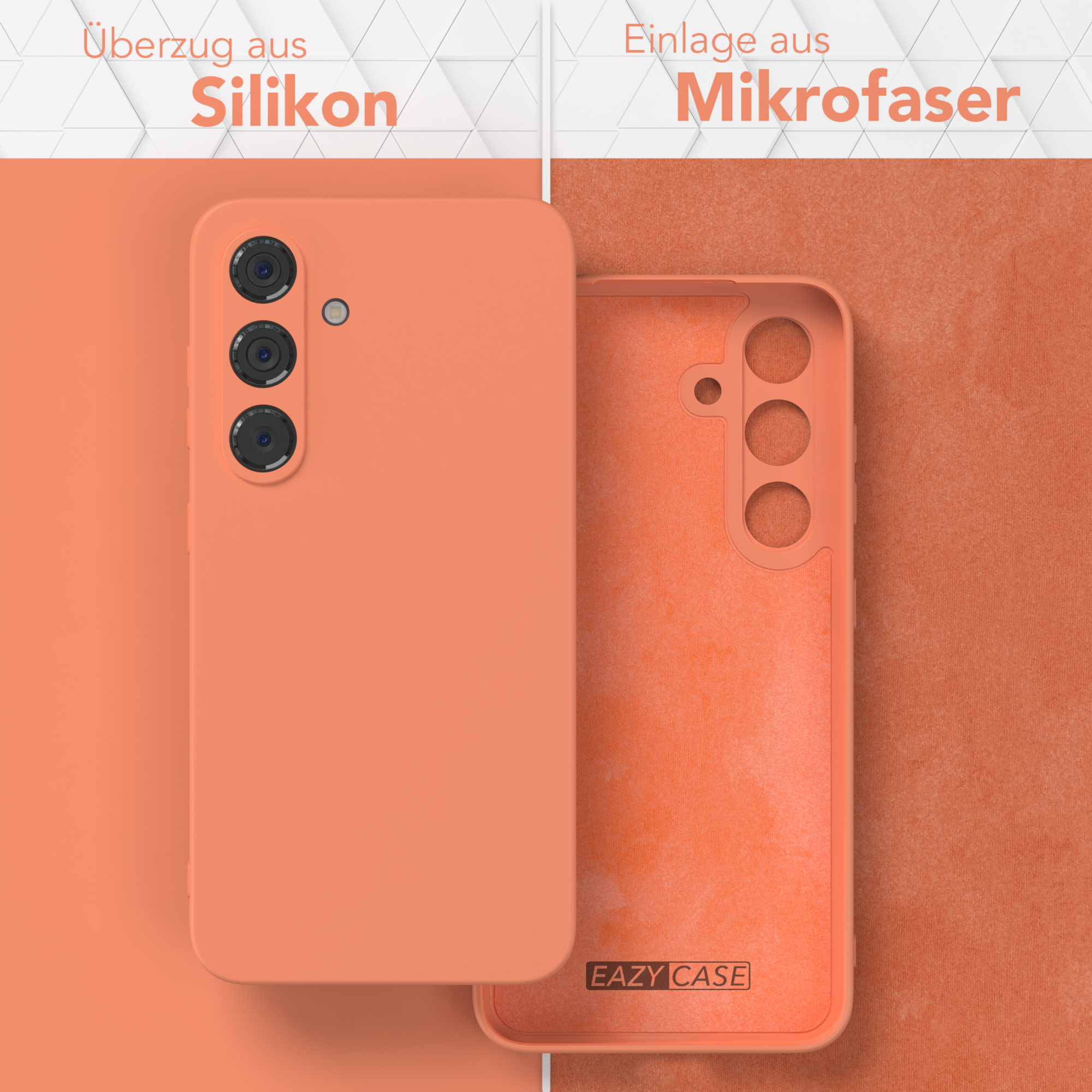 Zwei Handyhüllen, eine zeigt die Außenseite und die andere die Innenseite, beide orange.
