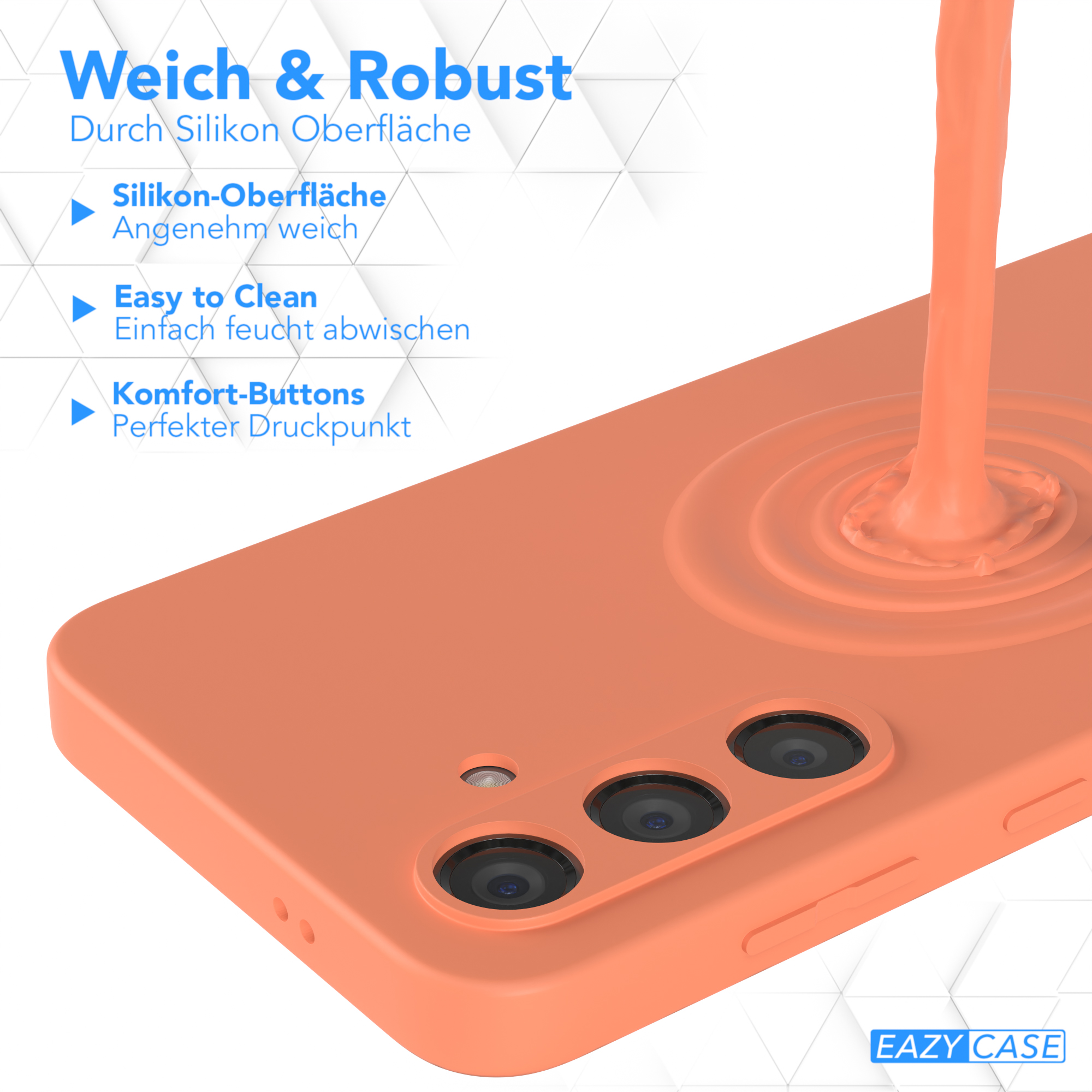 Eine orangefarbene Handyhülle mit Loch für die Kamera. Die Hülle wird mit einer orangen Flüssigkeit übergossen.