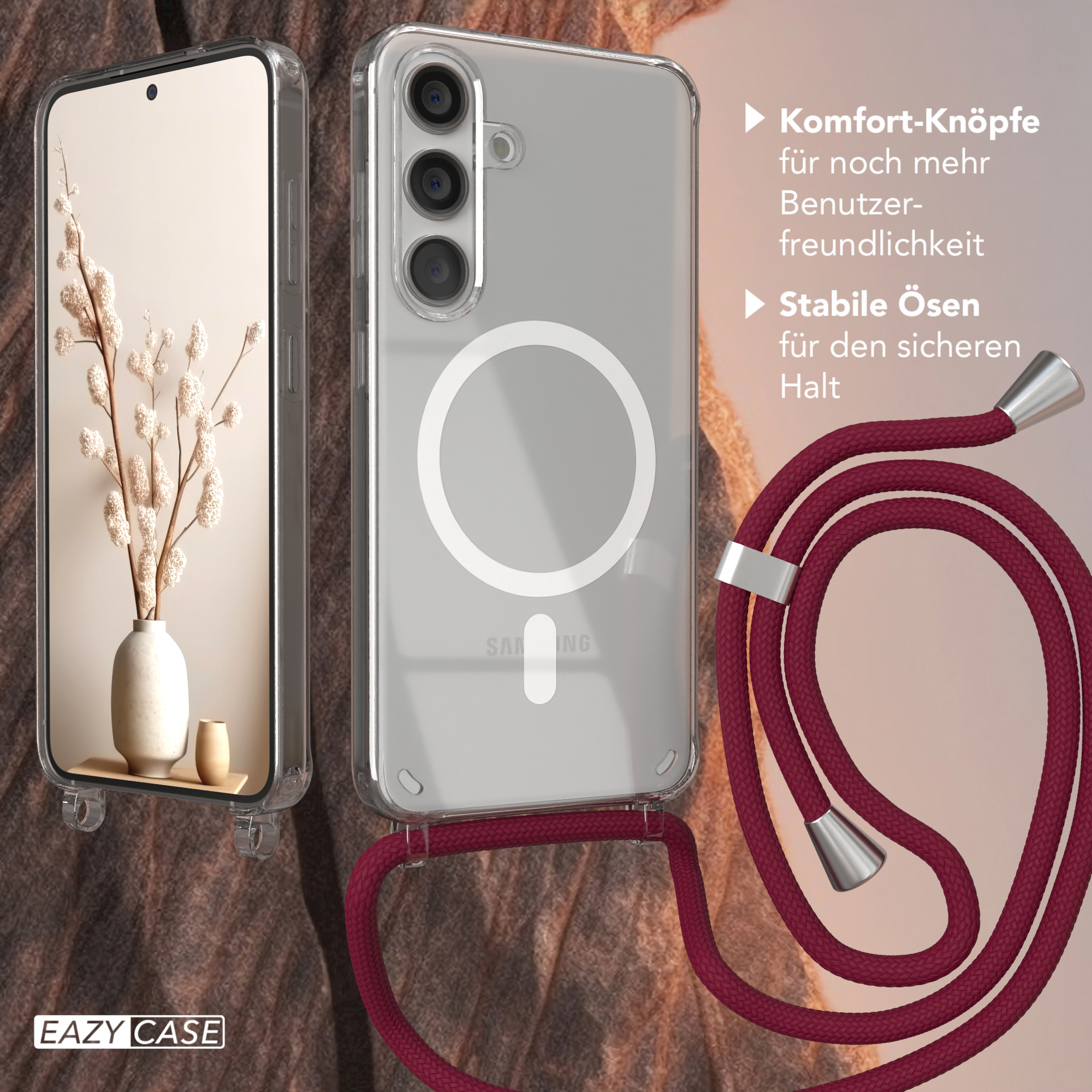 Eine Handyhülle mit Telefon und Text mit Funktionen. Ein rotes Schlüsselband ist befestigt.
