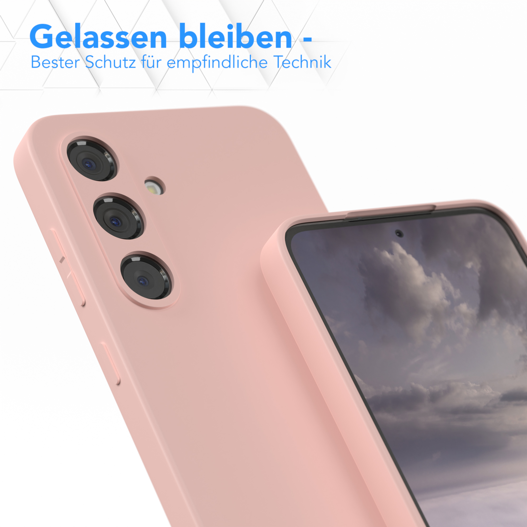 Nahaufnahme einer rosa Handyhülle mit einem Telefon, Text lautet: 'Gelassen bleiben - Bester Schutz'.