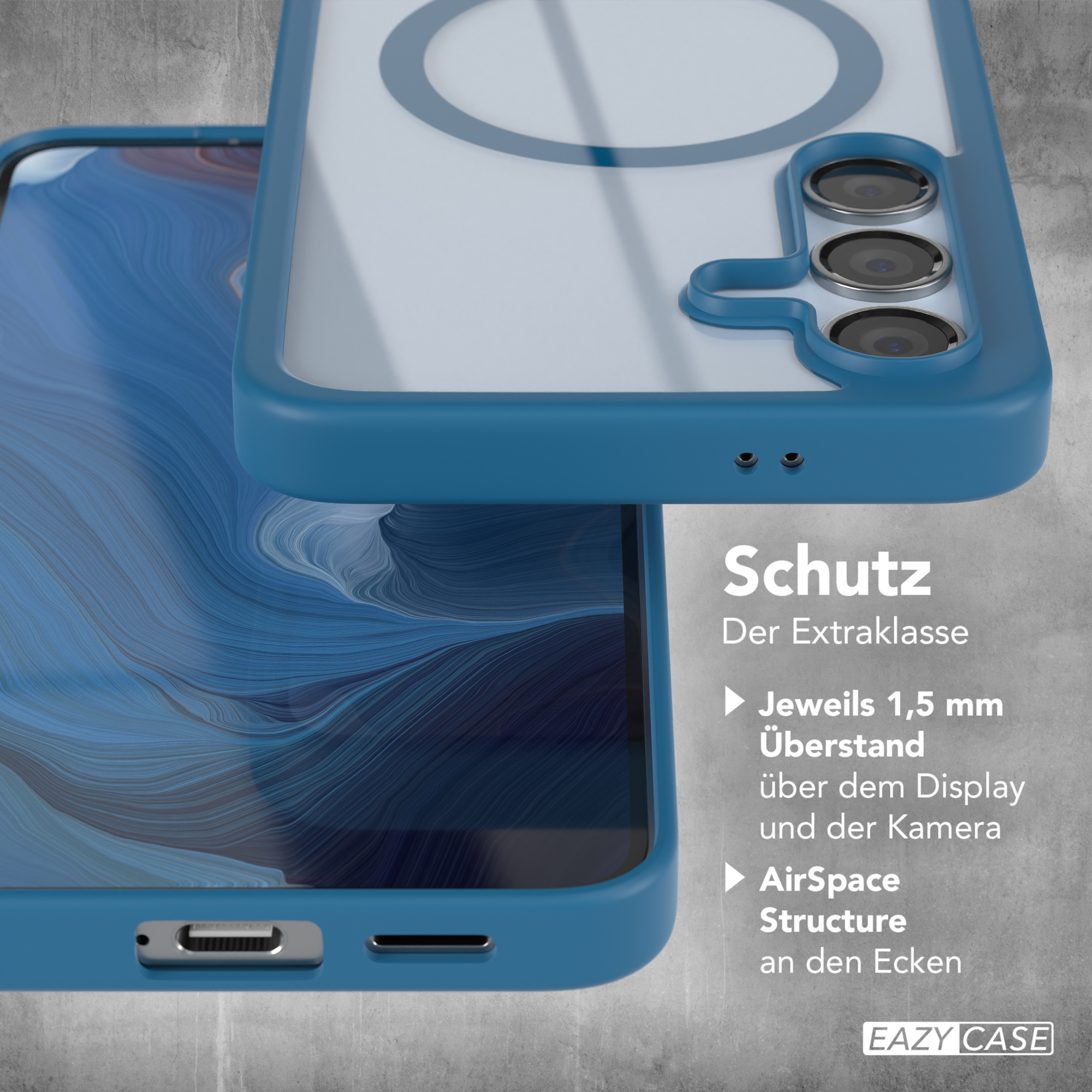 Nahaufnahme einer blauen Handyhülle mit durchsichtigem Rücken, Merkmale zeigend.