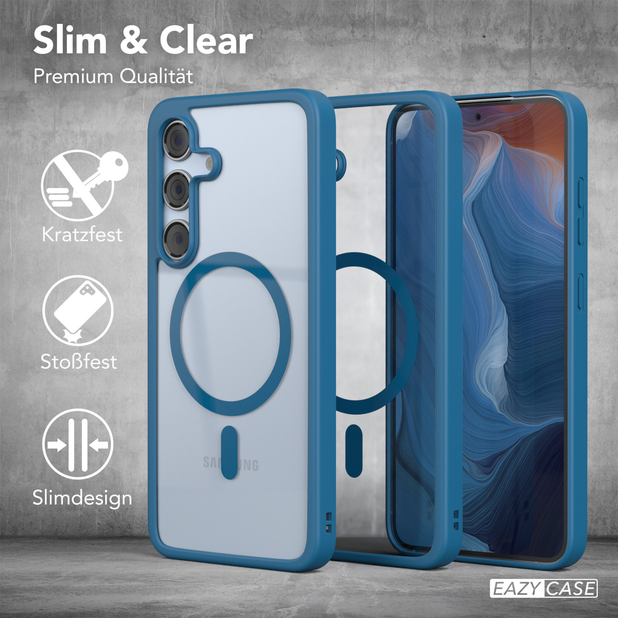 Handyhüllen, blauer Rahmen, klare Rückseite und Schutzfunktionen. Text: Slim & Clear, Kratzfest, Stoßfest, Slimdesign.