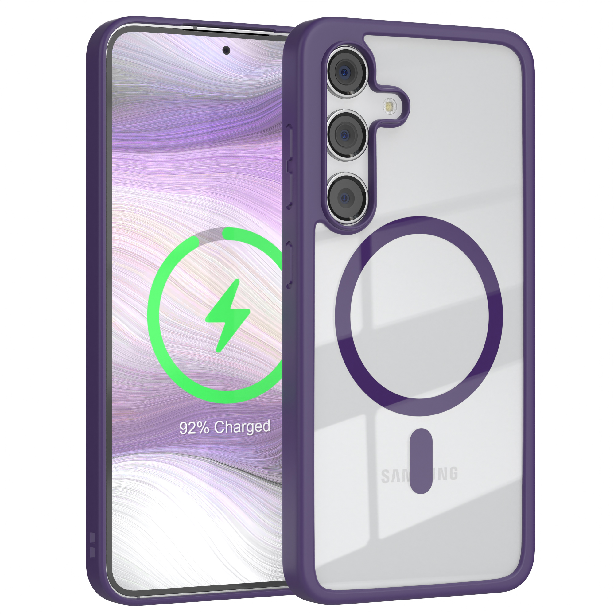 Lila Handyhülle mit Telefon, das ein Ladesymbol anzeigt. Weißer Hintergrund.