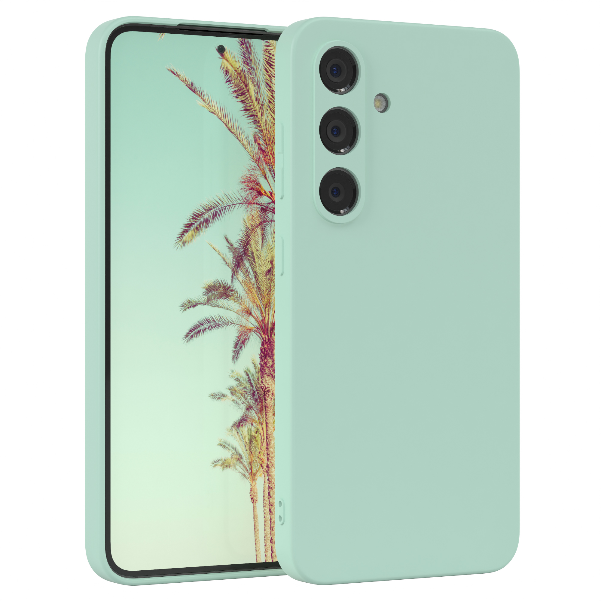 Minzgrünes Telefon mit Bildschirm, der eine Palmenlandschaft zeigt, und passender Handyhülle.