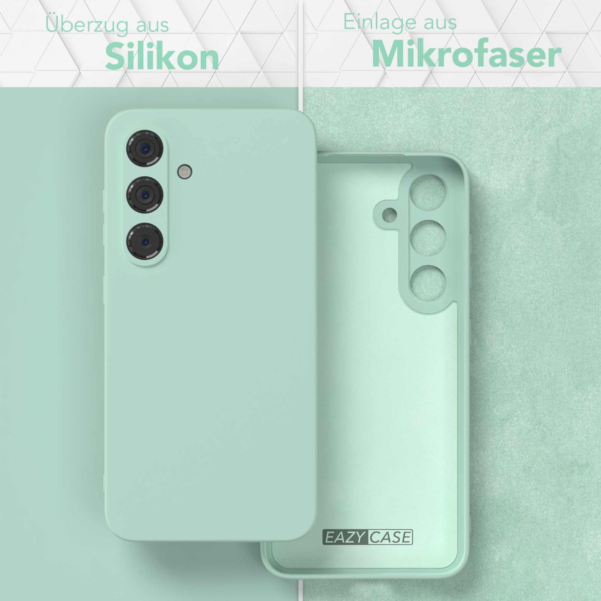 Handyhülle, mintgrün, mit Silikonaußen- und Mikrofaserinnenfläche. Weißer Hintergrund.