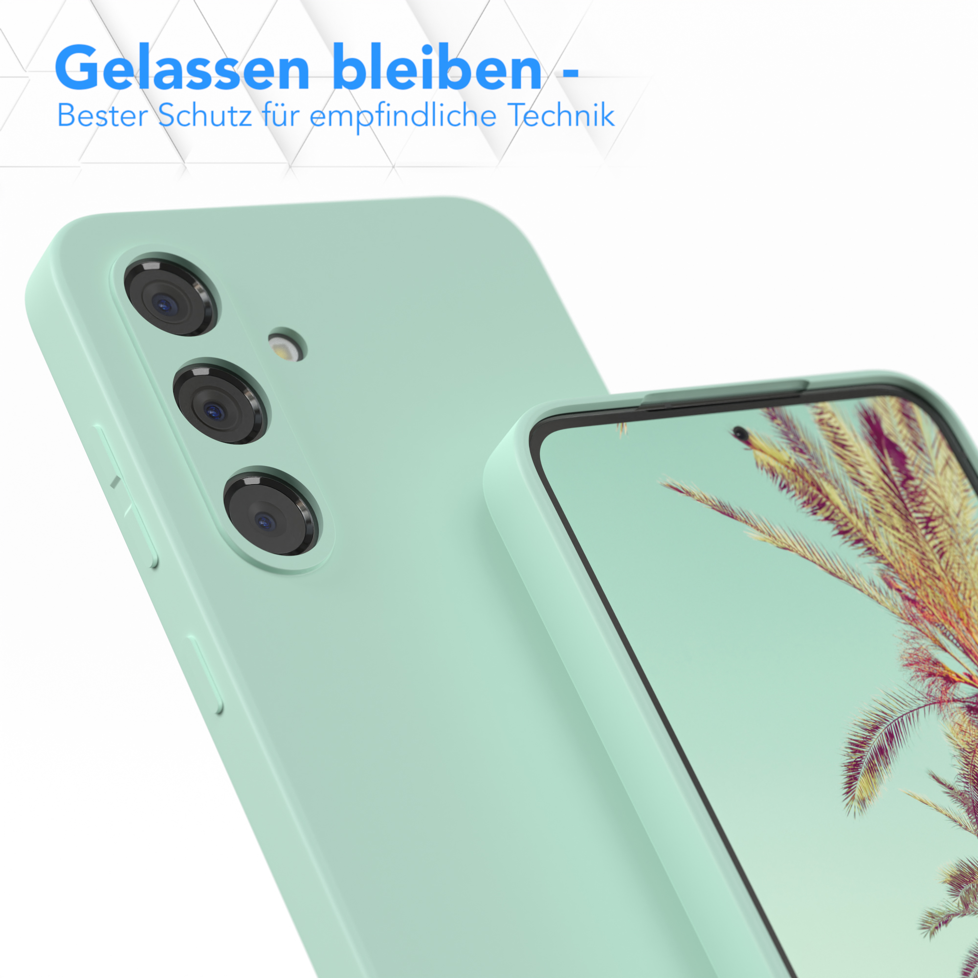 Zwei mintgrüne Handyhüllen, eine zeigt einen Telefonbildschirm.