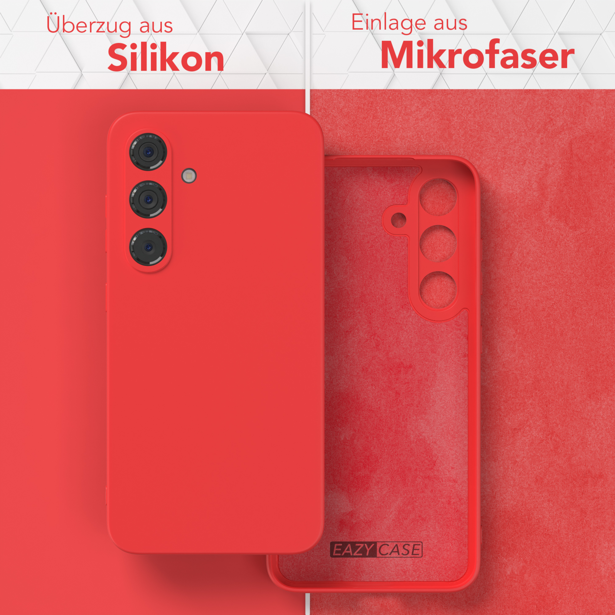 Eine rote Handyhülle und ihr Mikrofaserfutter. Die Hülle hat drei Kameralöcher. Roter Hintergrund.