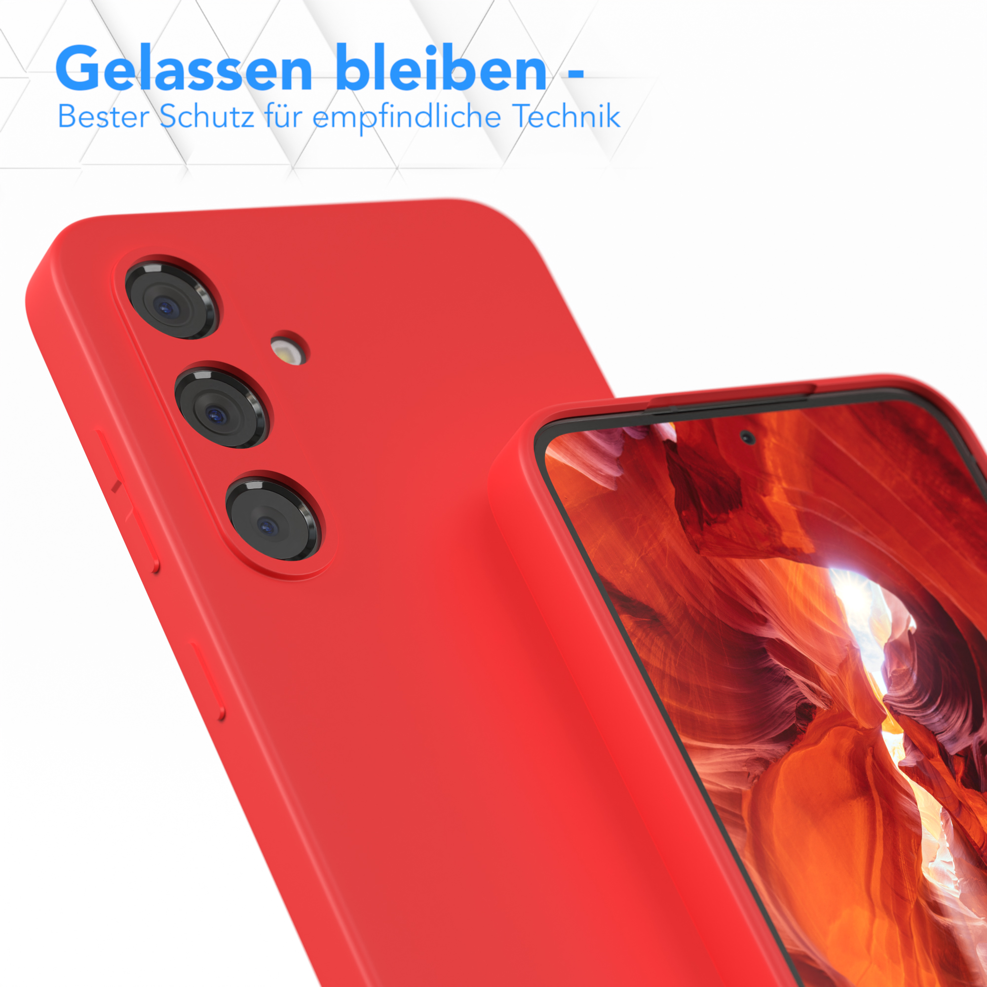 Zwei rote Handyhüllen. Eine hat drei Kameralinsen, die andere ist schlicht. Text ist vorhanden.
