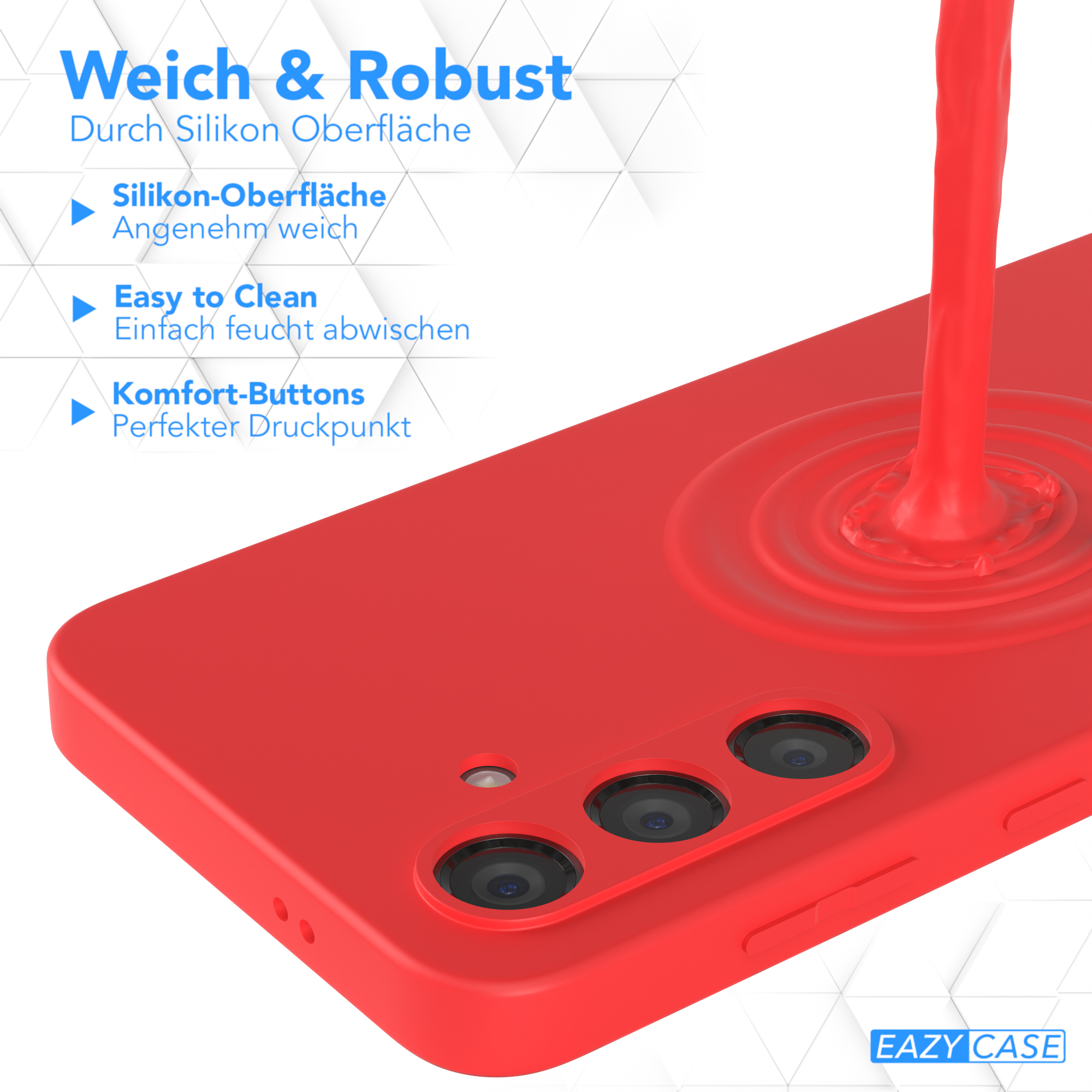 Rote Handyhülle mit Flüssigkeitsdesign. Verfügt über eine gebogene Oberkante und eine glatte Oberfläche.