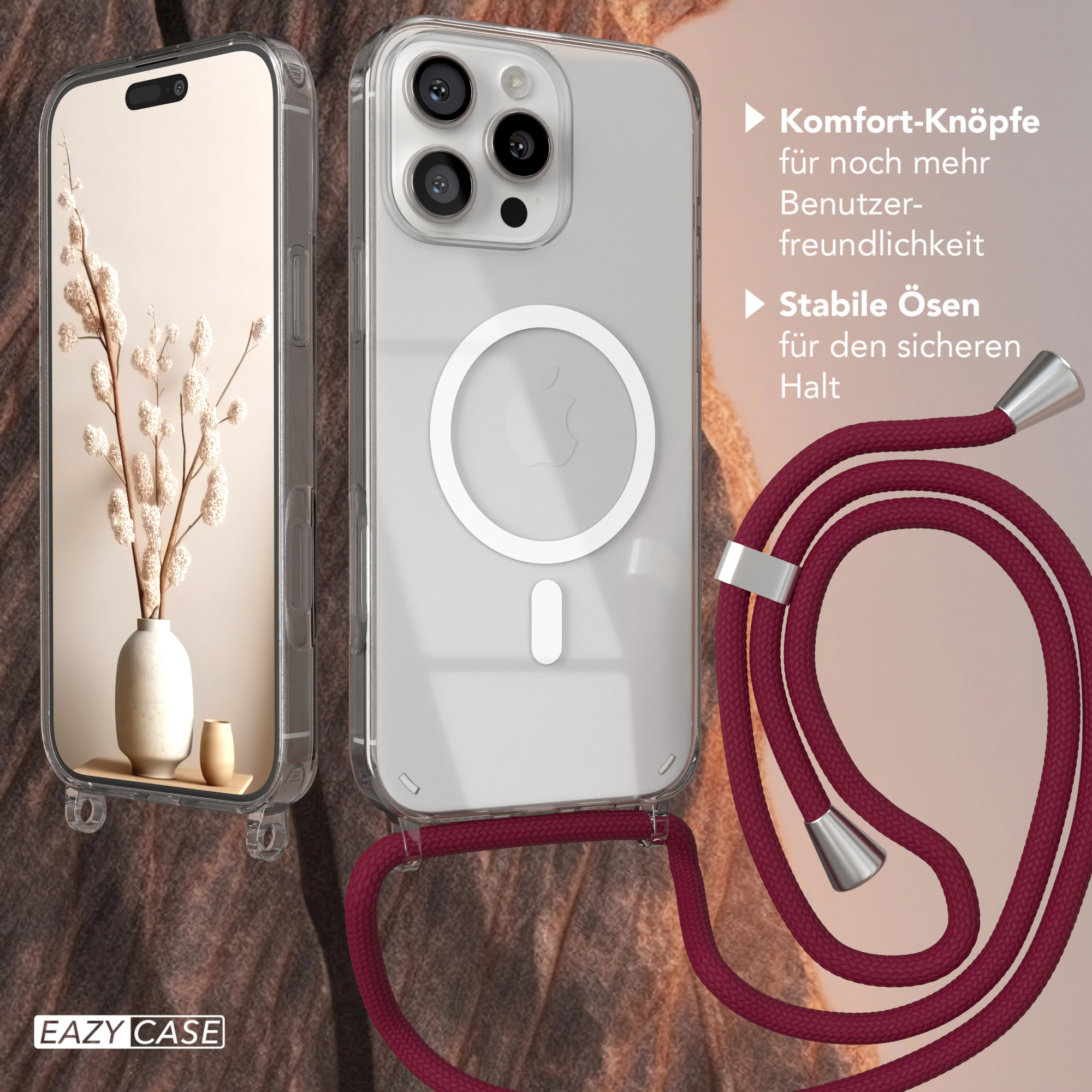 Eine Handyhülle mit einem weißen Kreis, einem roten Schlüsselband und einer Vase. Der Text lautet 'EAZY CASE'.