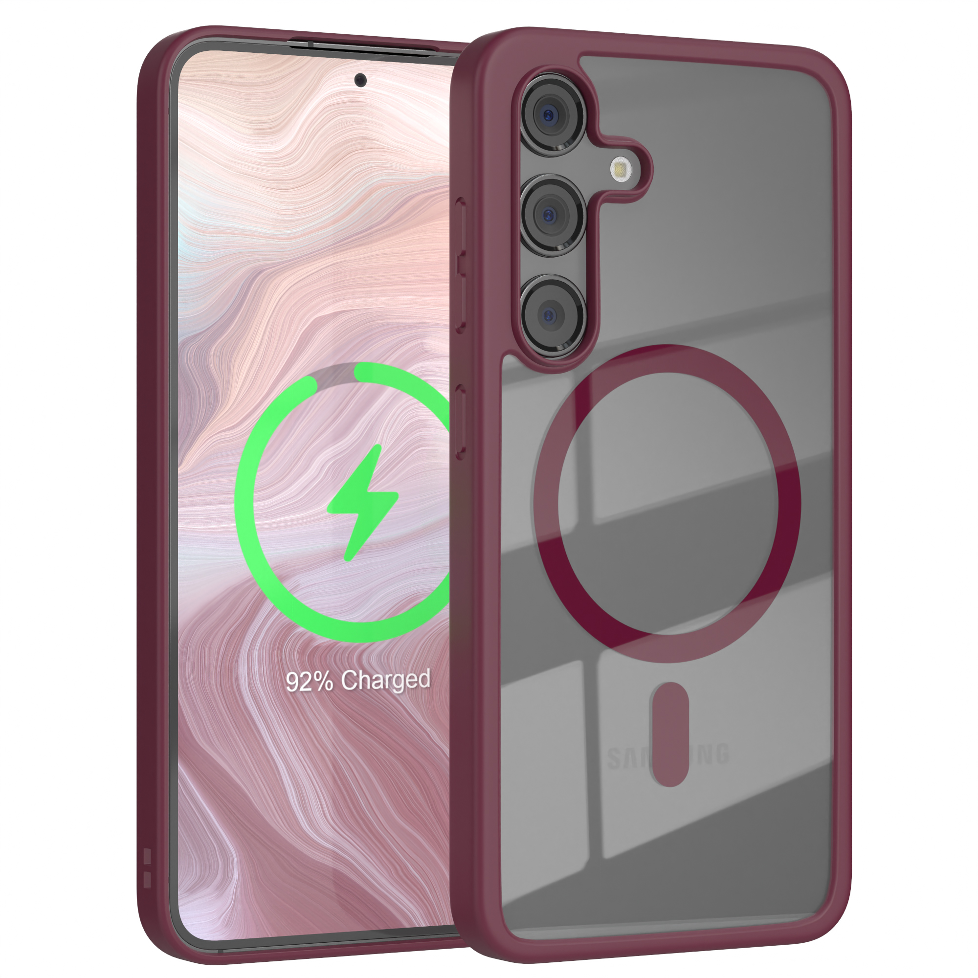 Ein Telefon in einem weinroten Gehäuse, der Bildschirm zeigt ein Ladesymbol mit 92 % geladen.