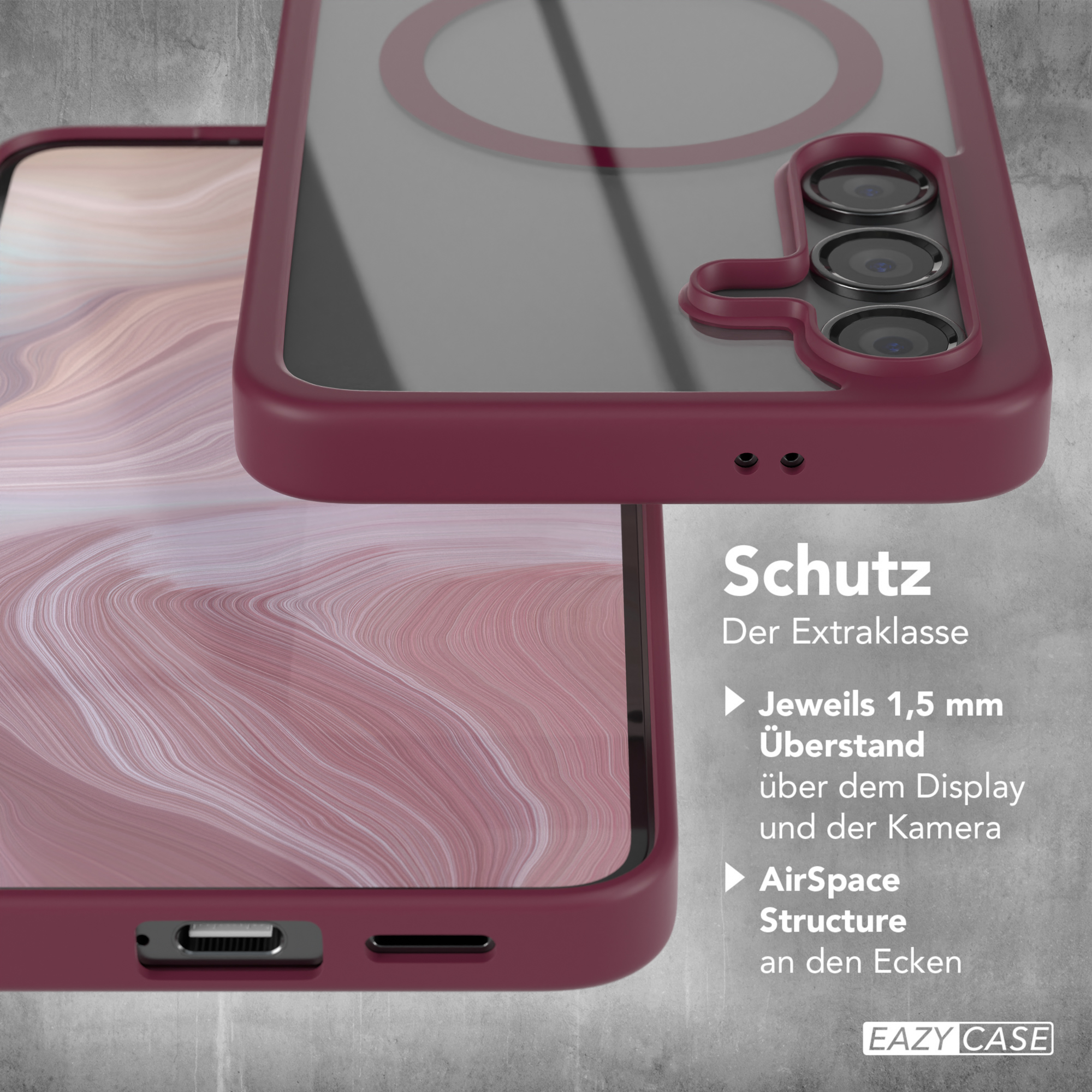 Eine weinrote Handyhülle mit Telefon, das ein Wellenmuster zeigt. Text auf Deutsch ist sichtbar.