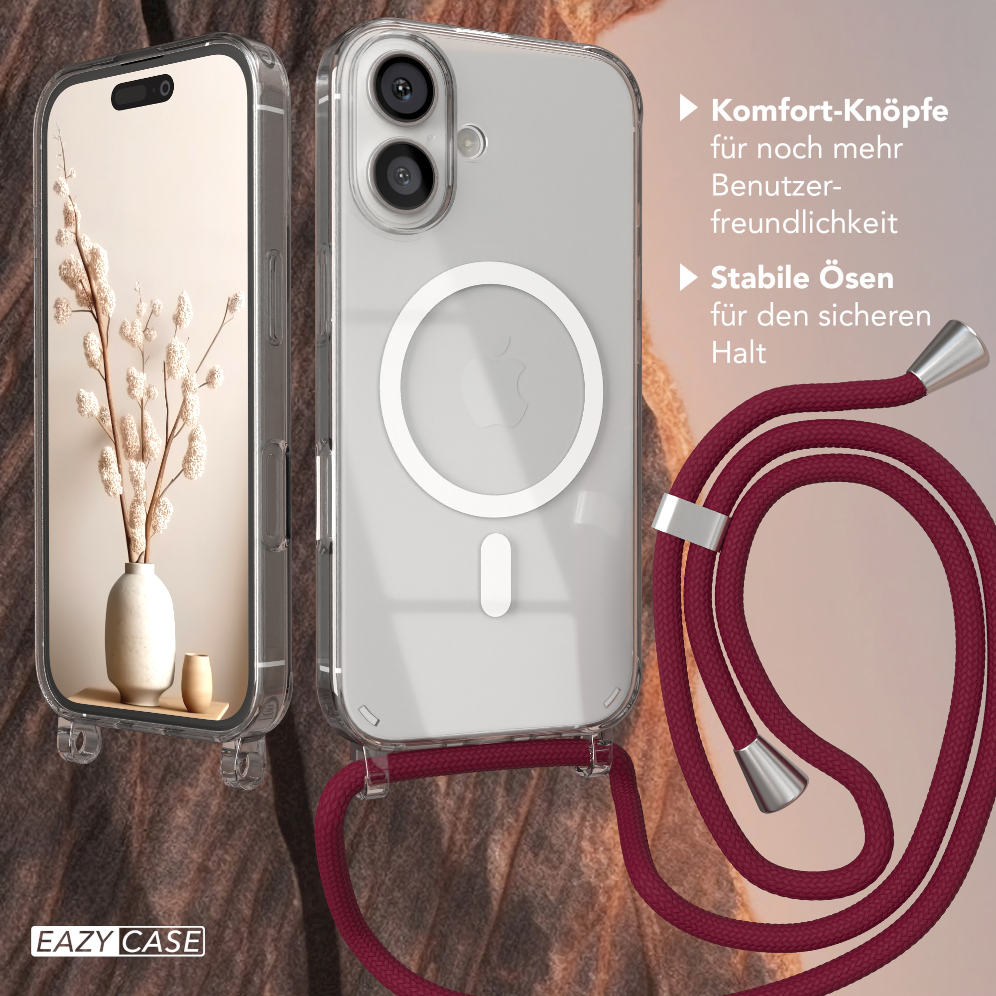Handyhülle mit Lanyard. Das Telefon ist in der Hülle, daneben eine Vase mit Blumen.