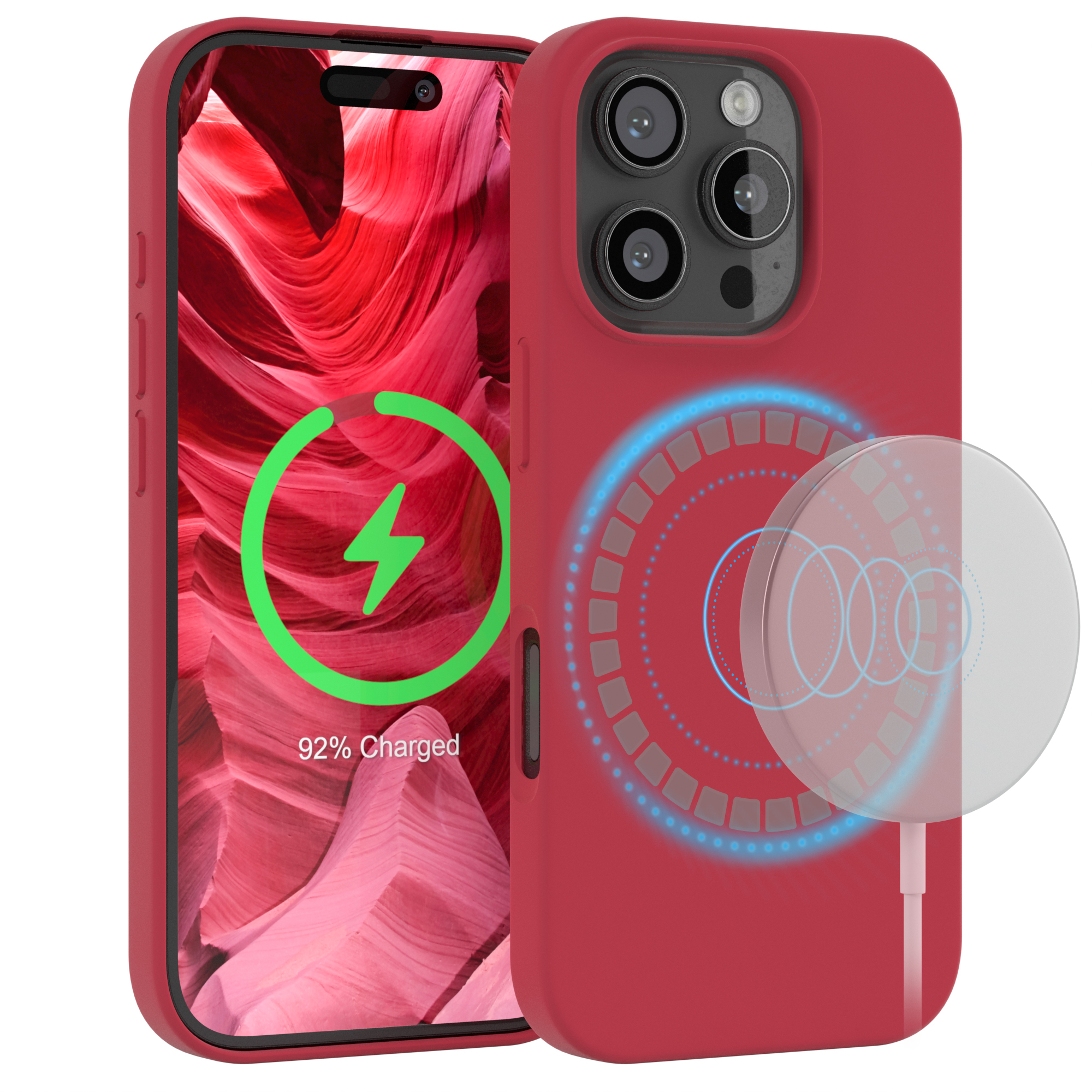 Rote Handyhülle mit grünem Ladesymbol. Kabelloses Ladegerät sichtbar. Weißer Hintergrund.