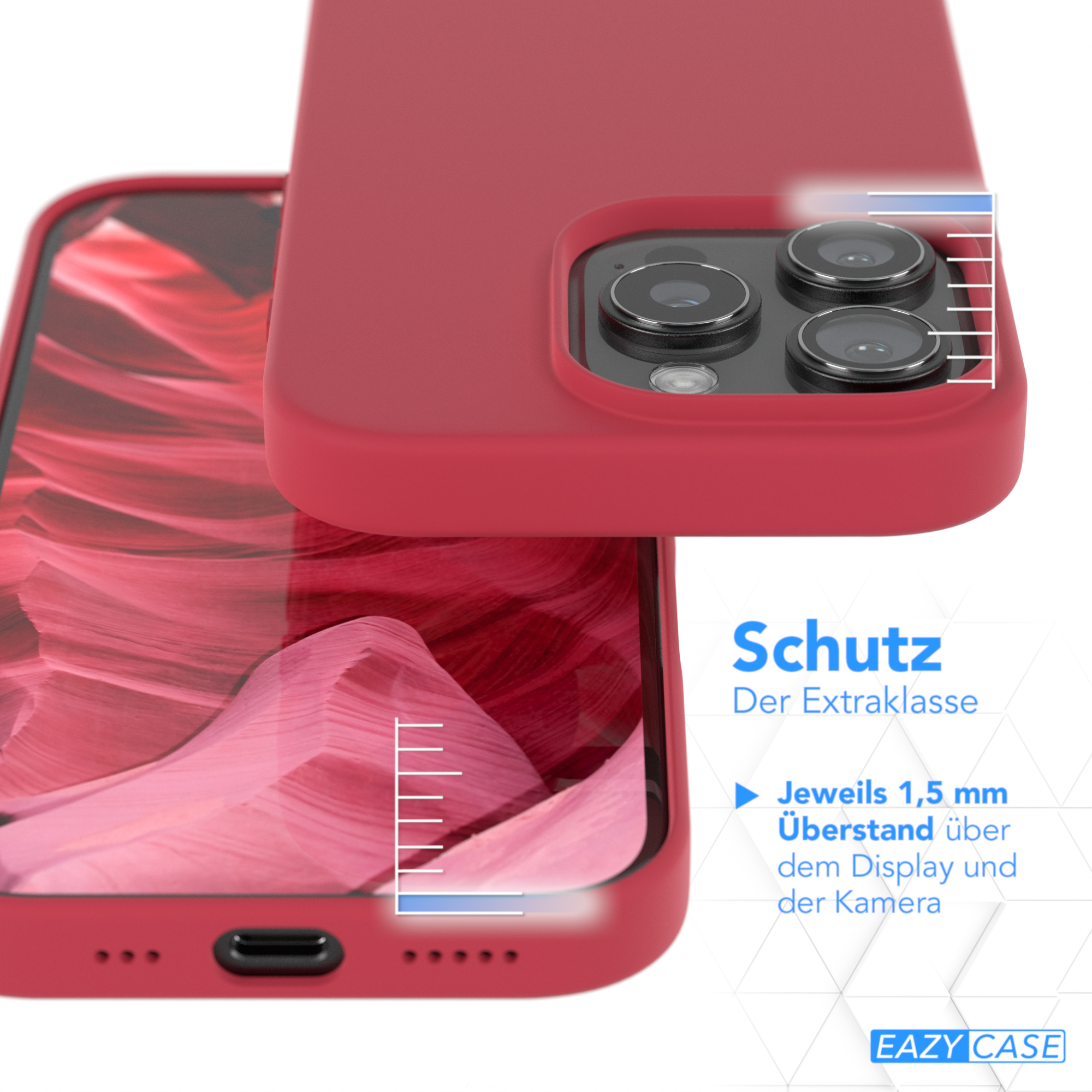 Rote Handyhülle mit Kameraausschnitt und Telefon im Inneren. Der Text lautet 'Schutz', 'EAZY CASE'.