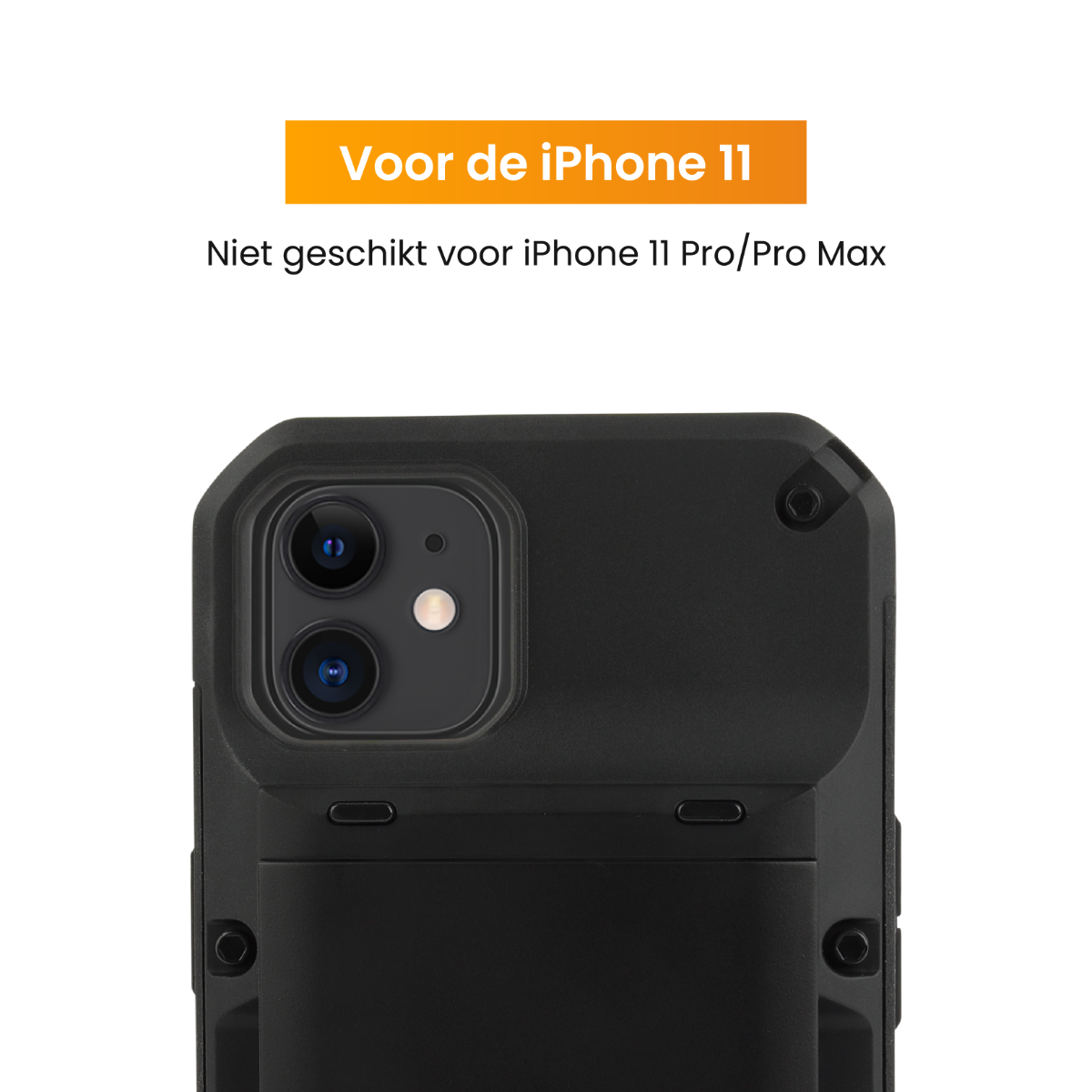 Black phone case with a camera cutout, with a card holder. Text: 'For the iPhone 11'. White background.