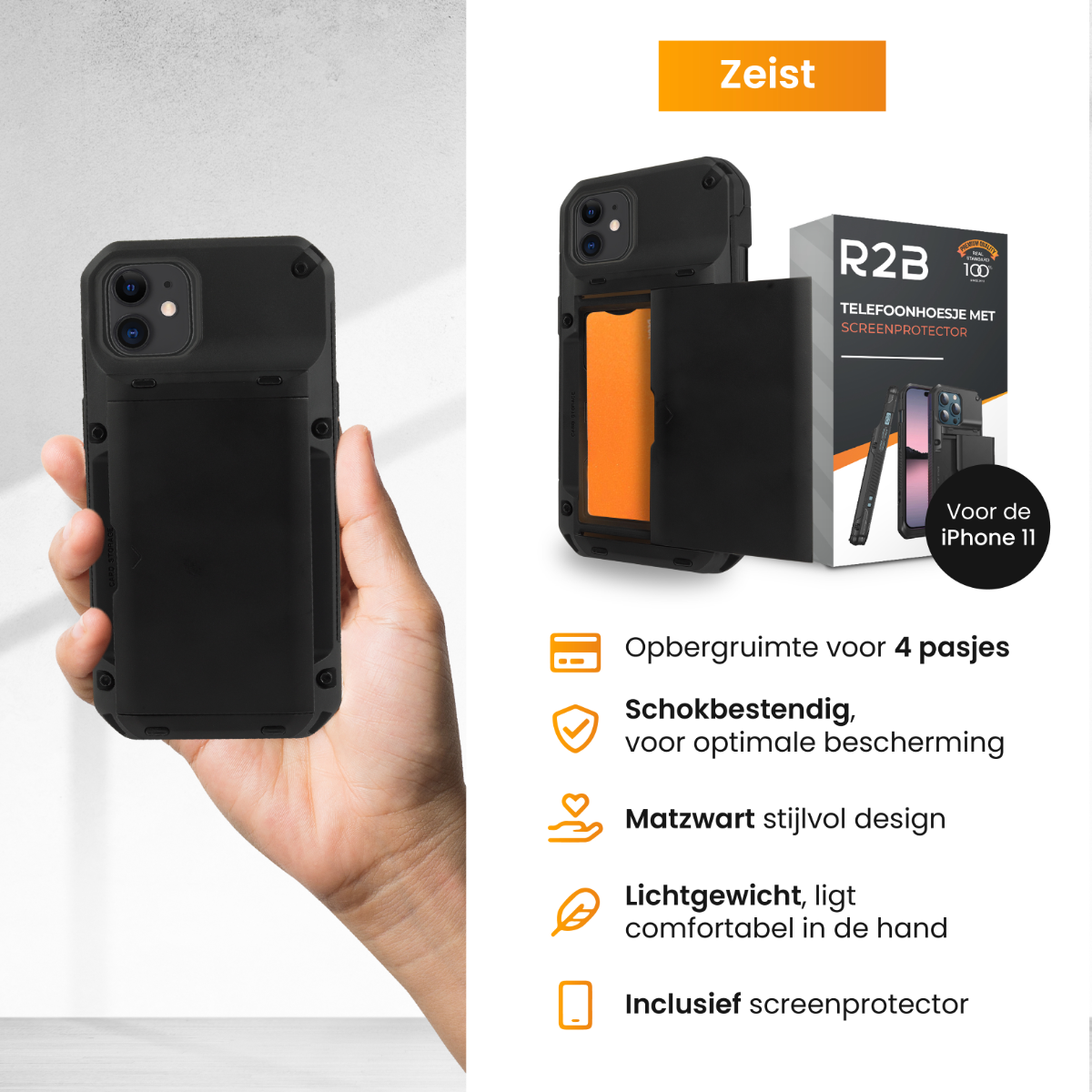 Black phone case in hand with a card holder. Text describes features.