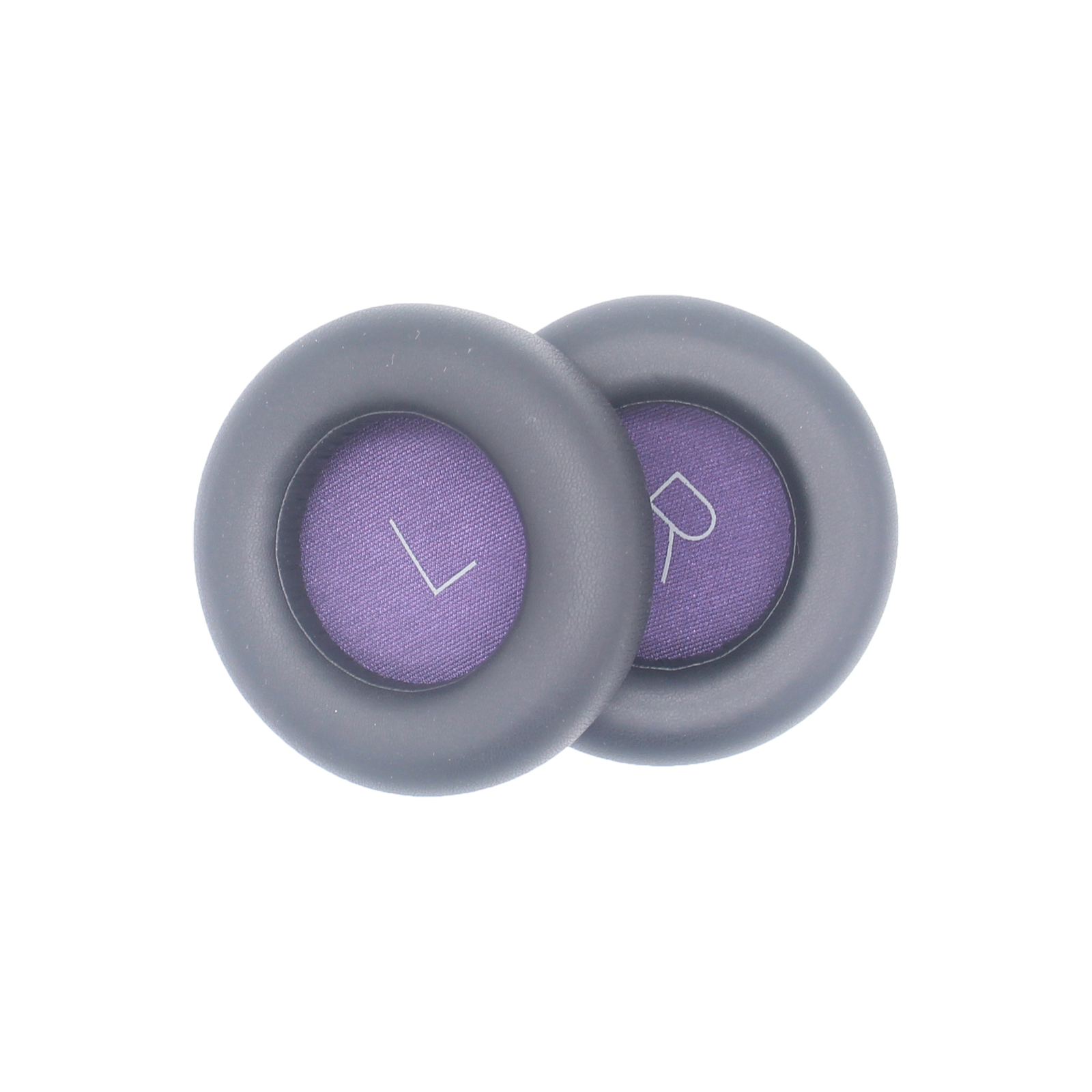 Dwie wkładki do uszu na białej powierzchni. Jedna ma L, druga R. Szary i fioletowy.